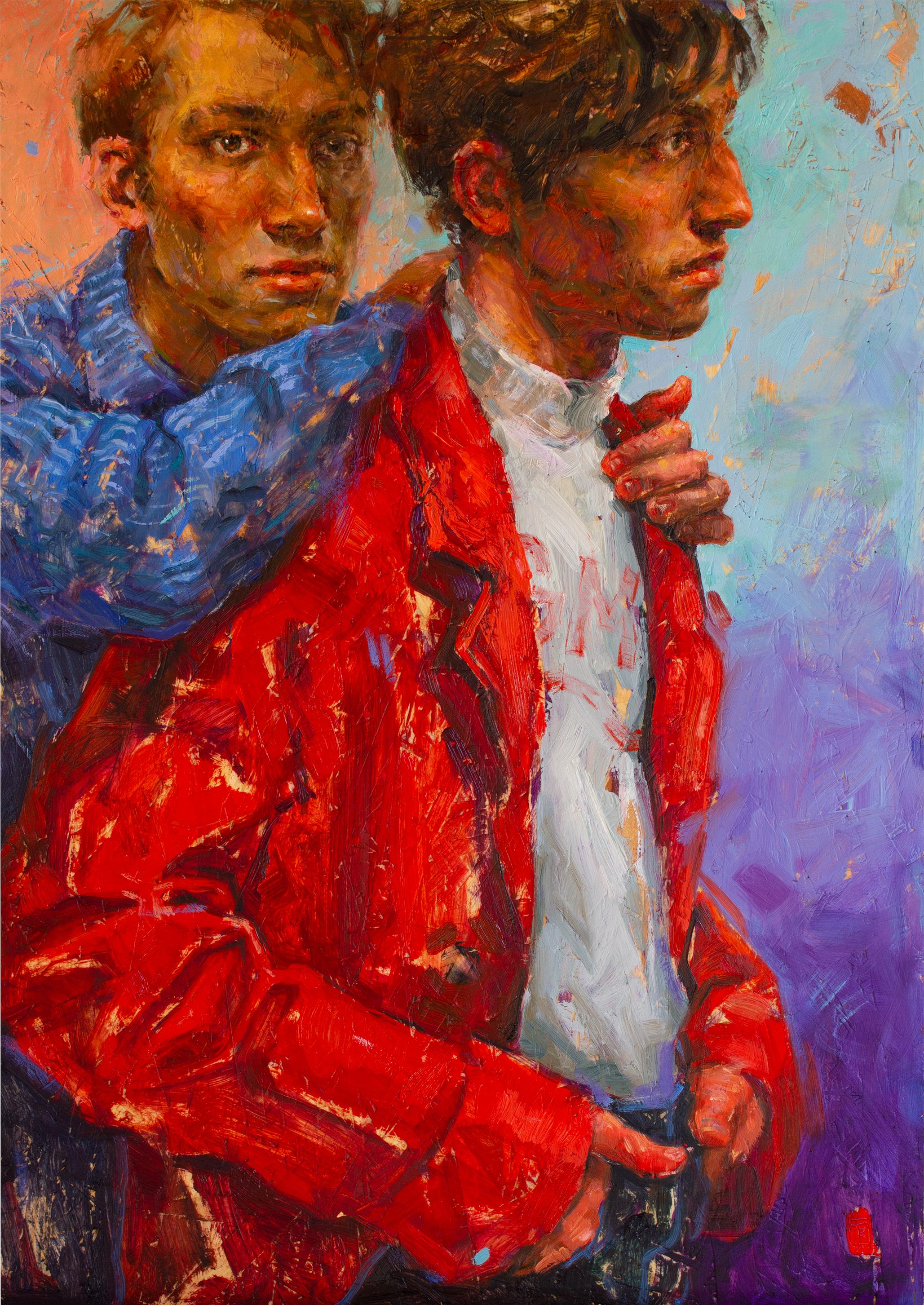 Tania Rivilis Figurative Painting – Zeitgenössisches Gemälde eines Jungenpaares, maßgeschneidert, 21. Jahrhundert 