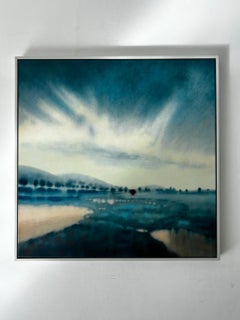 « Blue Downs of the Dawn », peinture à l'huile originale représentant un paysage abstrait, 100 x 100 cm