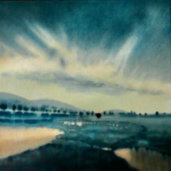 « Blue Downs of the Dawn », peinture à l'huile originale représentant un paysage abstrait, 100 x 100 cm