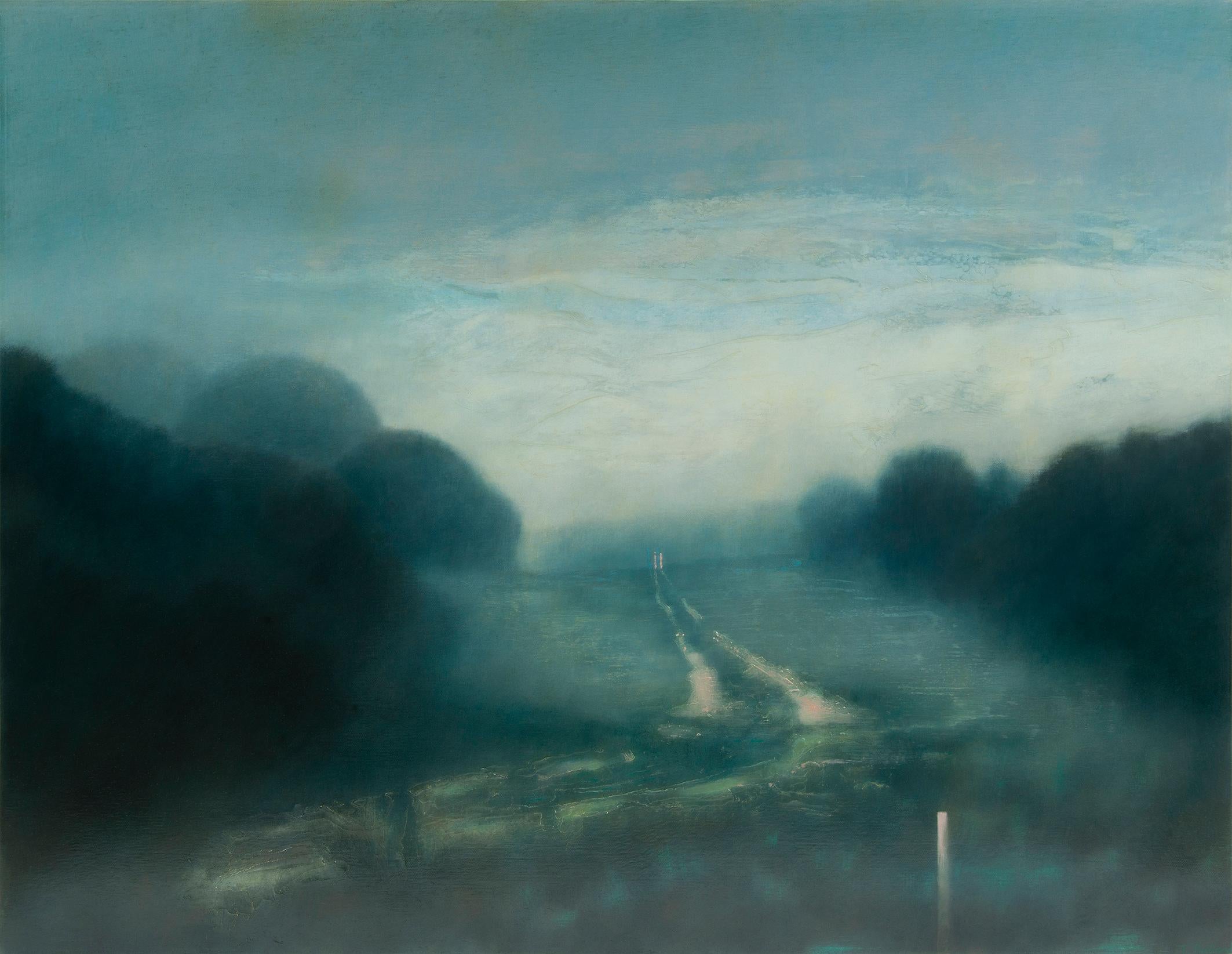 Tania Rutland Landscape Painting – Dawn holding off the sky-original abstrakte atmosphärische Landschaftsmalerei- Kunst