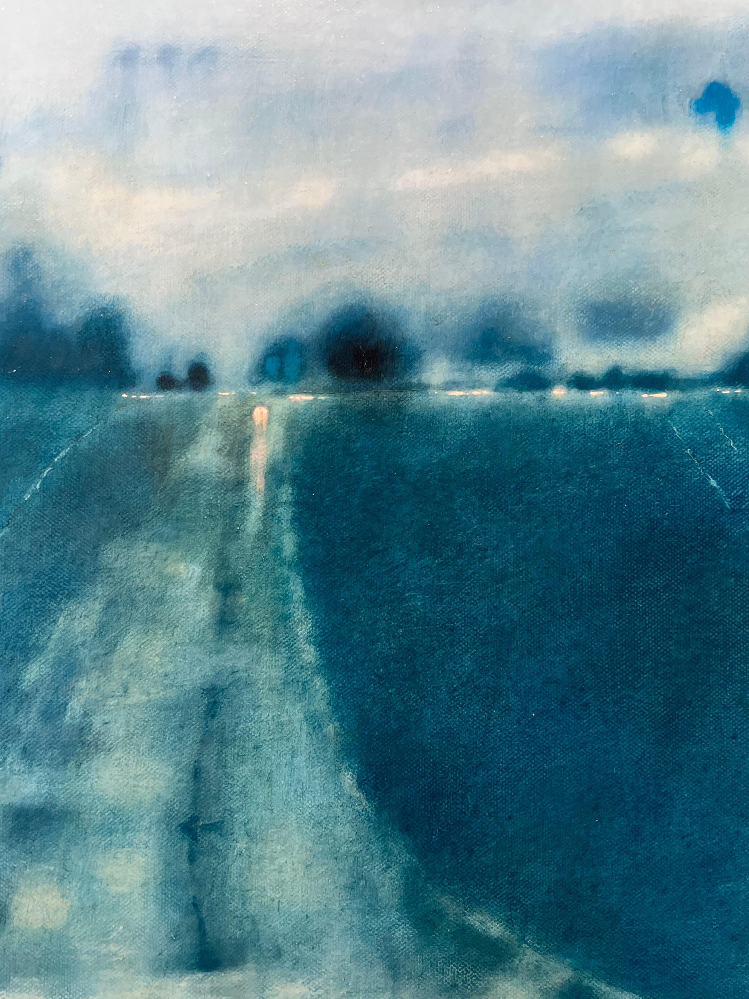 Watery furrows shine-original landscape realism oil painting-contemporary art - Blue Abstract Painting by Tania Rutland