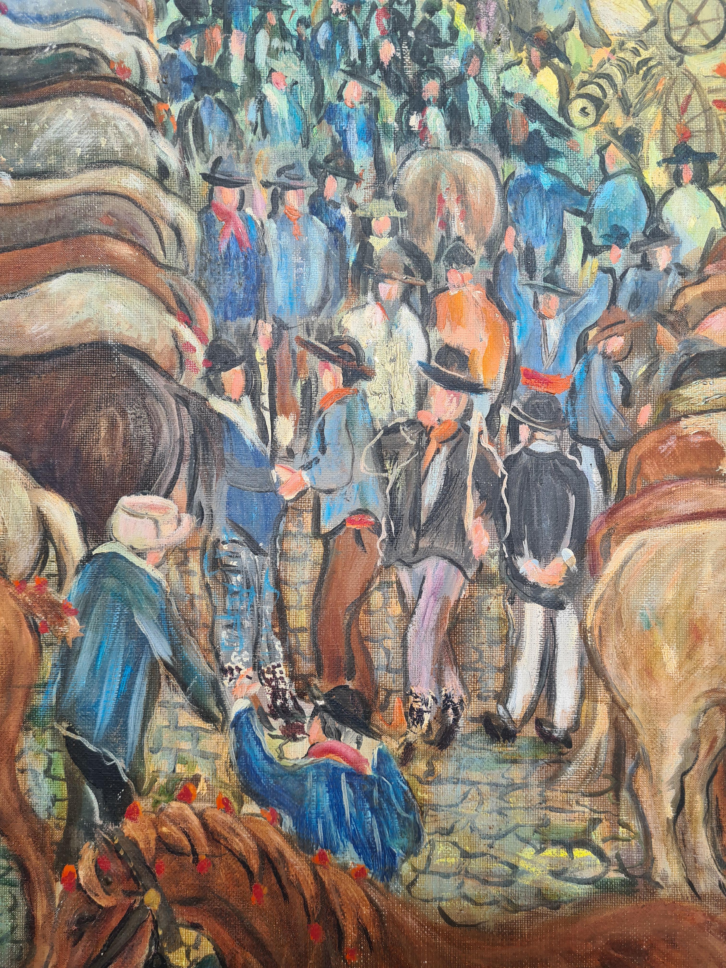 Óleo sobre lienzo a gran escala de principios del siglo XX, La feria agrícola y ganadera en venta 7
