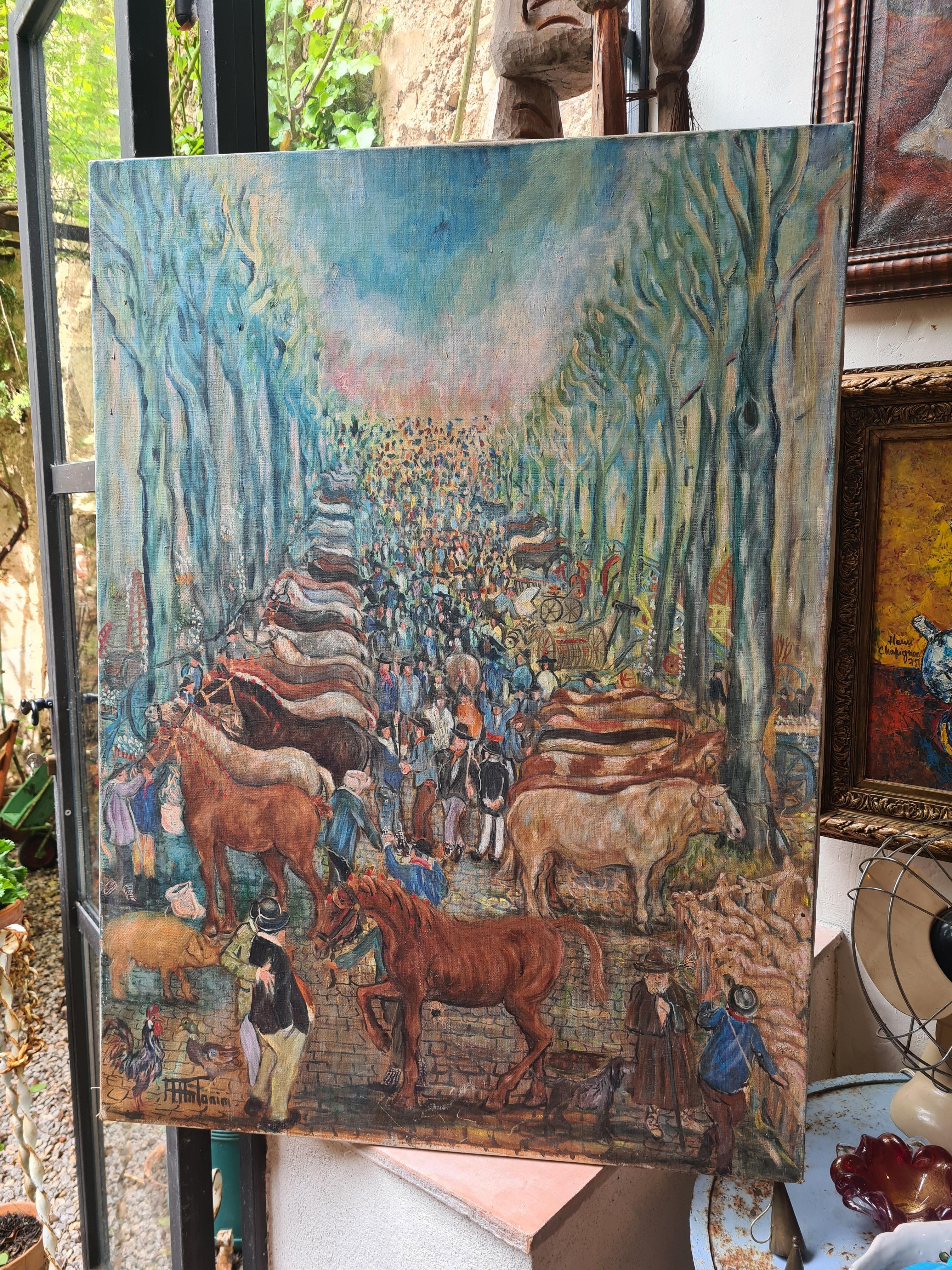 Óleo sobre lienzo a gran escala de principios del siglo XX, La feria agrícola y ganadera en venta 8
