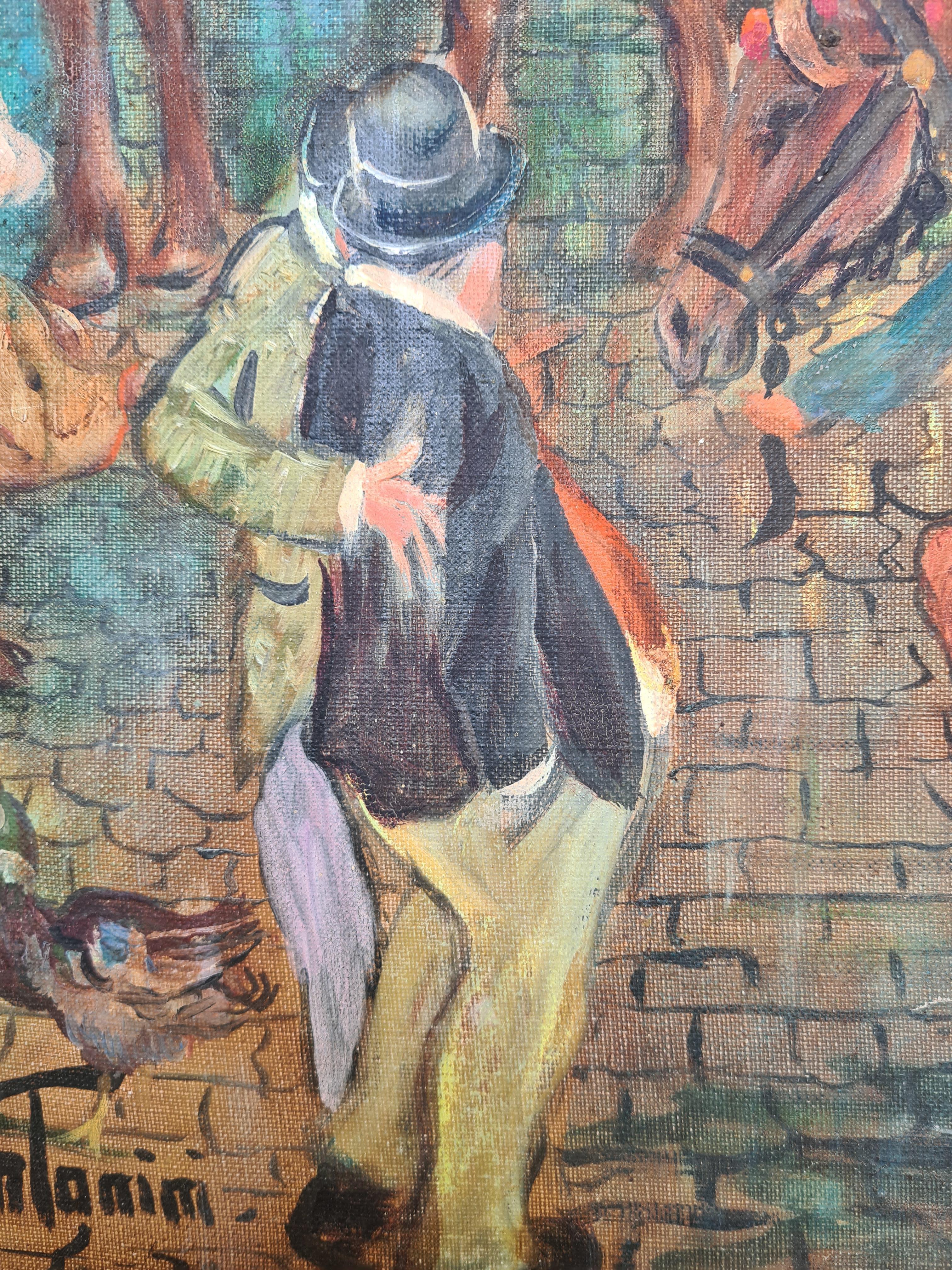 Óleo sobre lienzo a gran escala de principios del siglo XX, La feria agrícola y ganadera - Painting Arte popular de Tanim