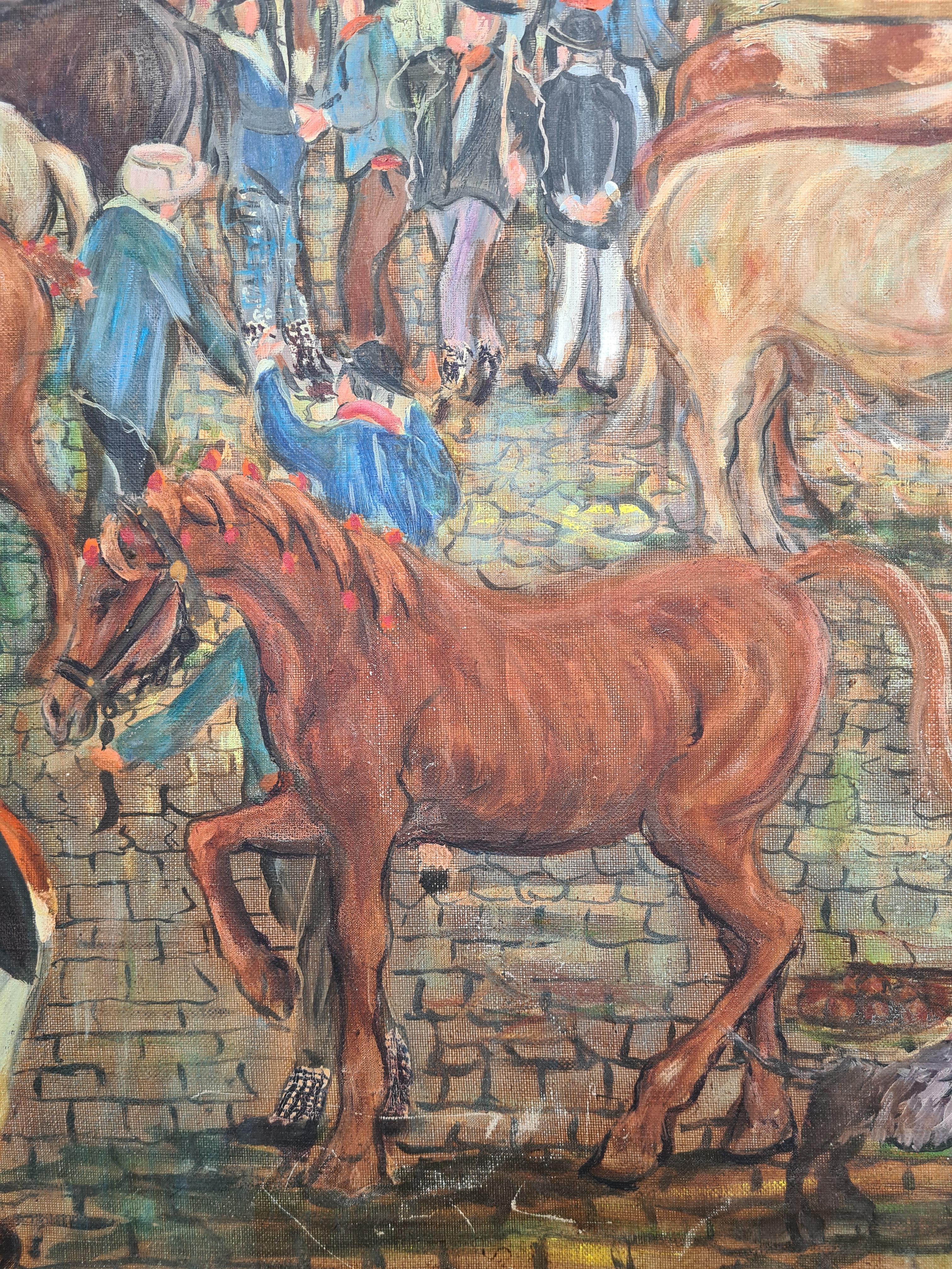 Óleo sobre lienzo a gran escala de principios del siglo XX, La feria agrícola y ganadera - Figurative Painting Gris de Tanim