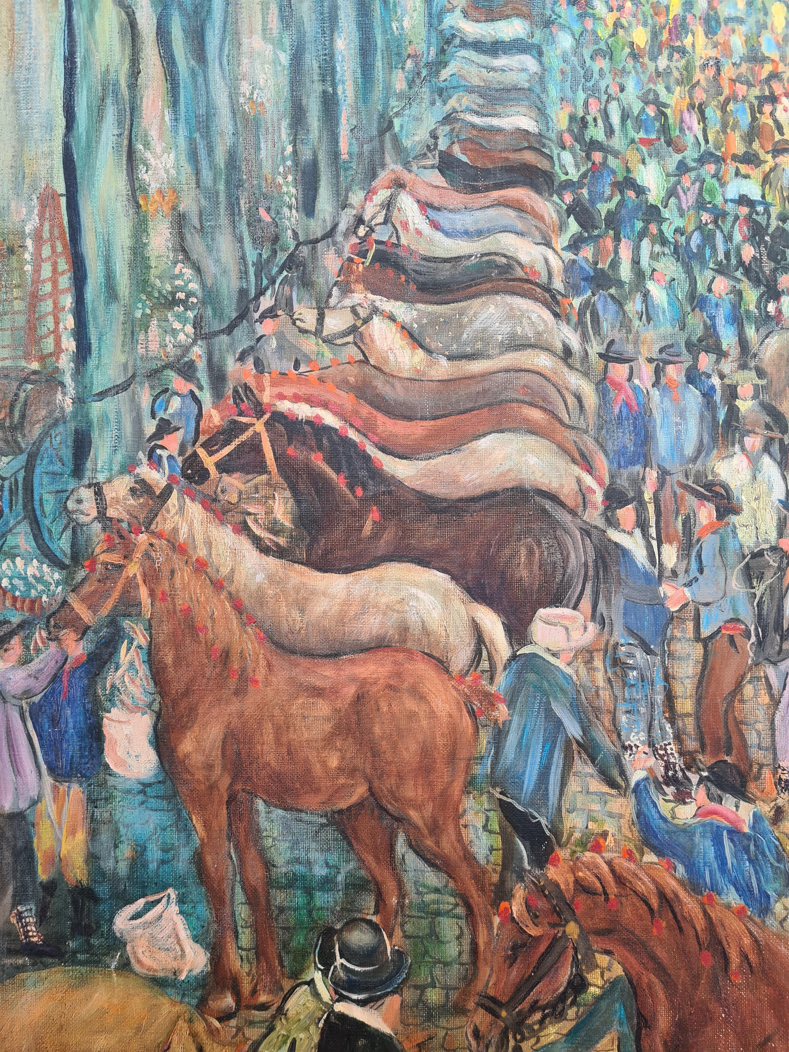 Gran óleo sobre lienzo de principios del siglo XX, ingenuo y folclórico, que representa una feria de ganado, obra de Tanim. El cuadro está firmado abajo a la izquierda.

Una visión maravillosa, humorística y juguetona de animales y personas