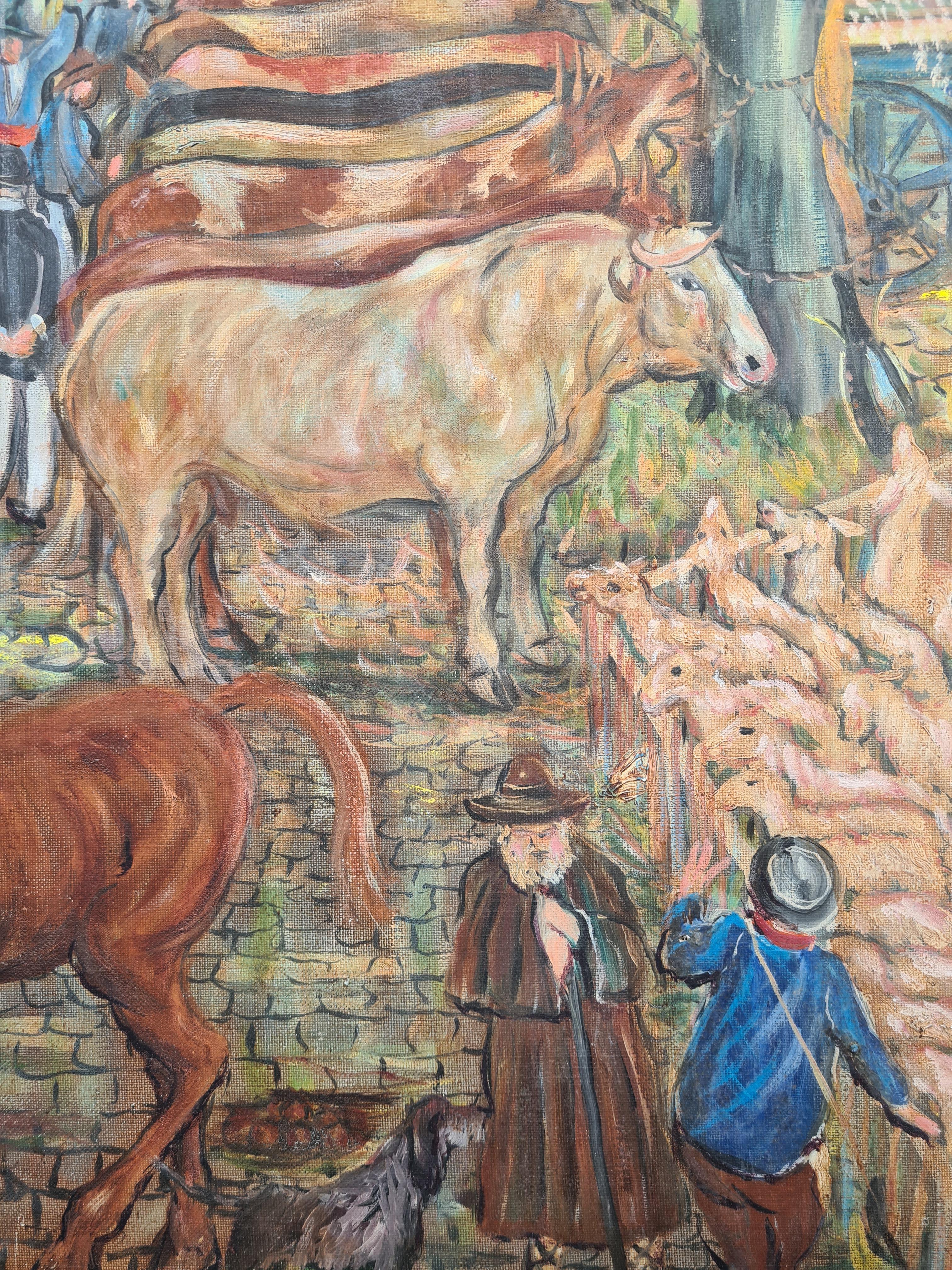 Óleo sobre lienzo a gran escala de principios del siglo XX, La feria agrícola y ganadera en venta 1