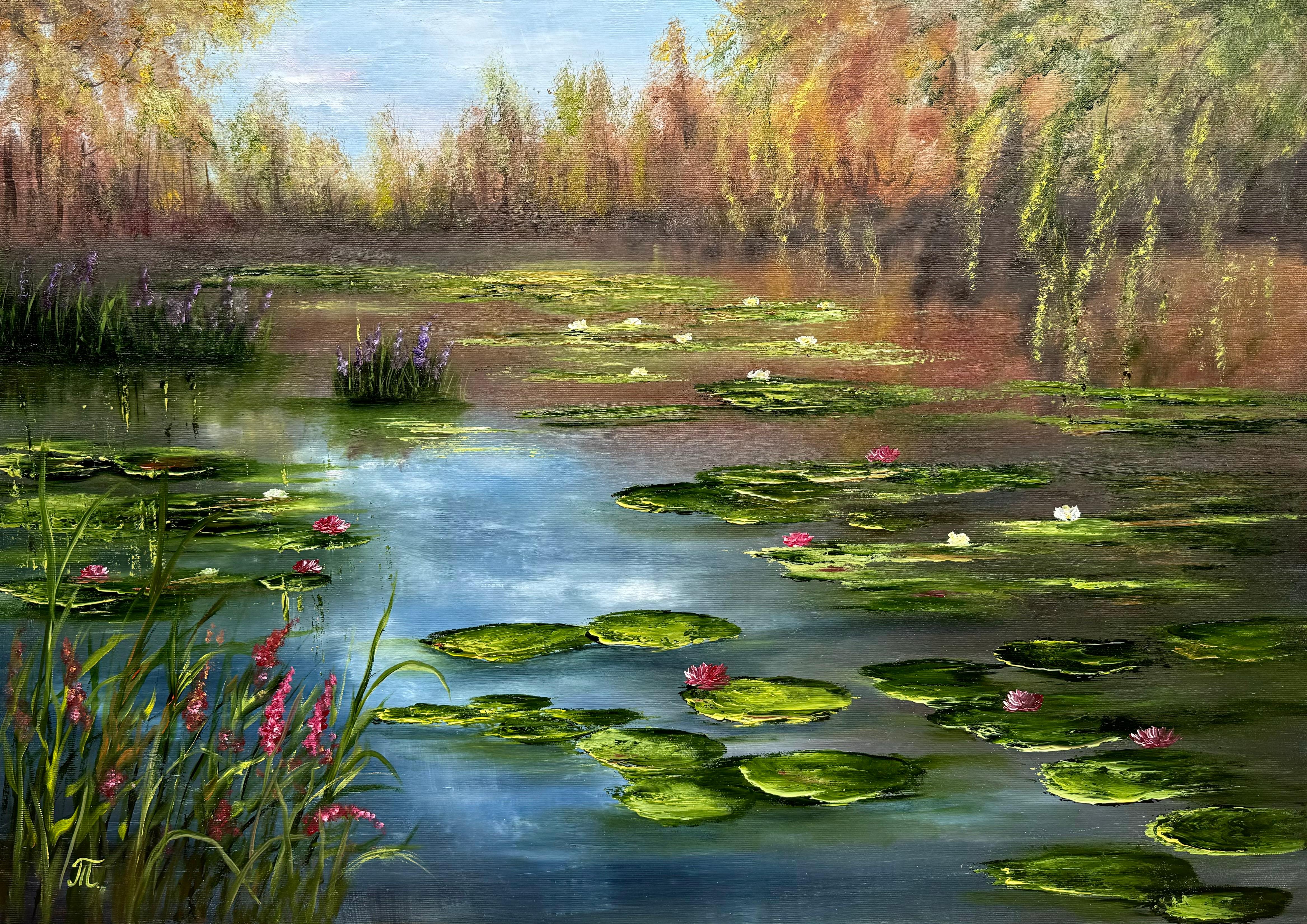 Dieses Gemälde zeigt einen ruhigen Teich mit zarten rosa Lilien, die anmutig auf der Wasseroberfläche schwimmen. Die Blumen im Vordergrund verleihen der Szene Tiefe und Dimension und laden den Betrachter ein, am Ufer zu sitzen und in diese Welt der