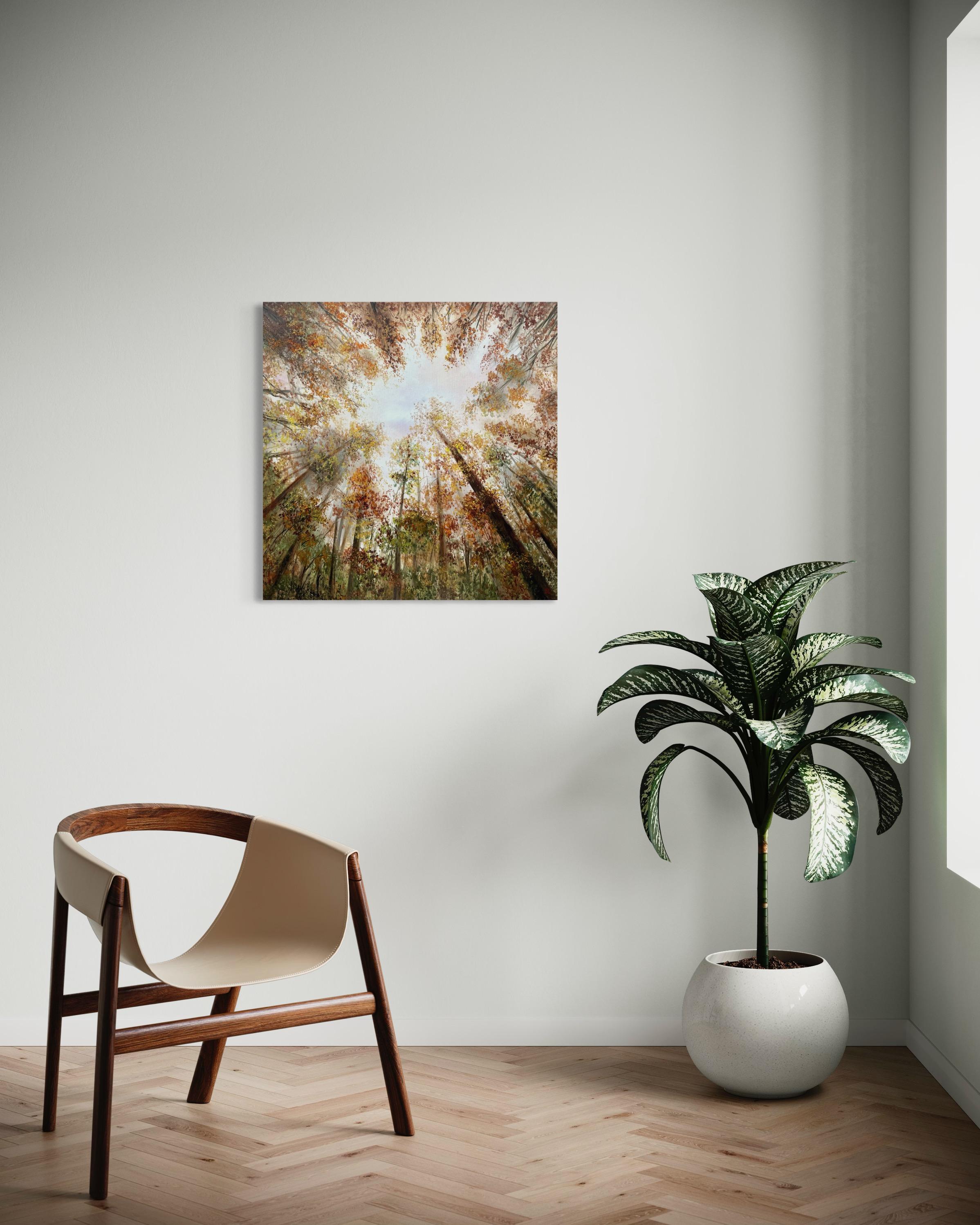 In creating this piece, I sought to capture the ethereal essence of autumn. Working with oils, I used impressionistic techniques to render the vibrant yet fleeting moments of the season. The upward view through the towering trees, with leaves