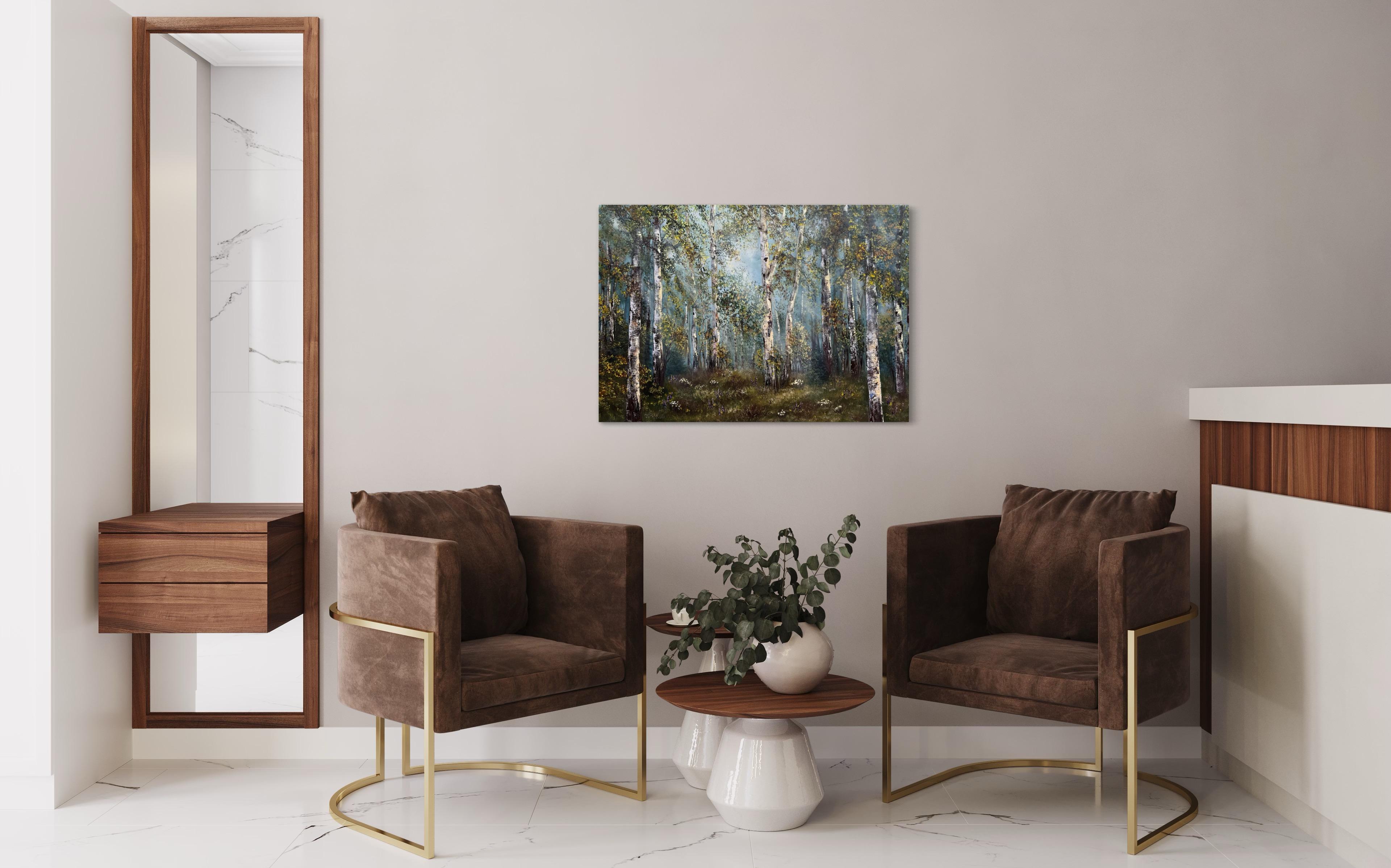Birkenwald (Grau), Landscape Painting, von Tanja Frost