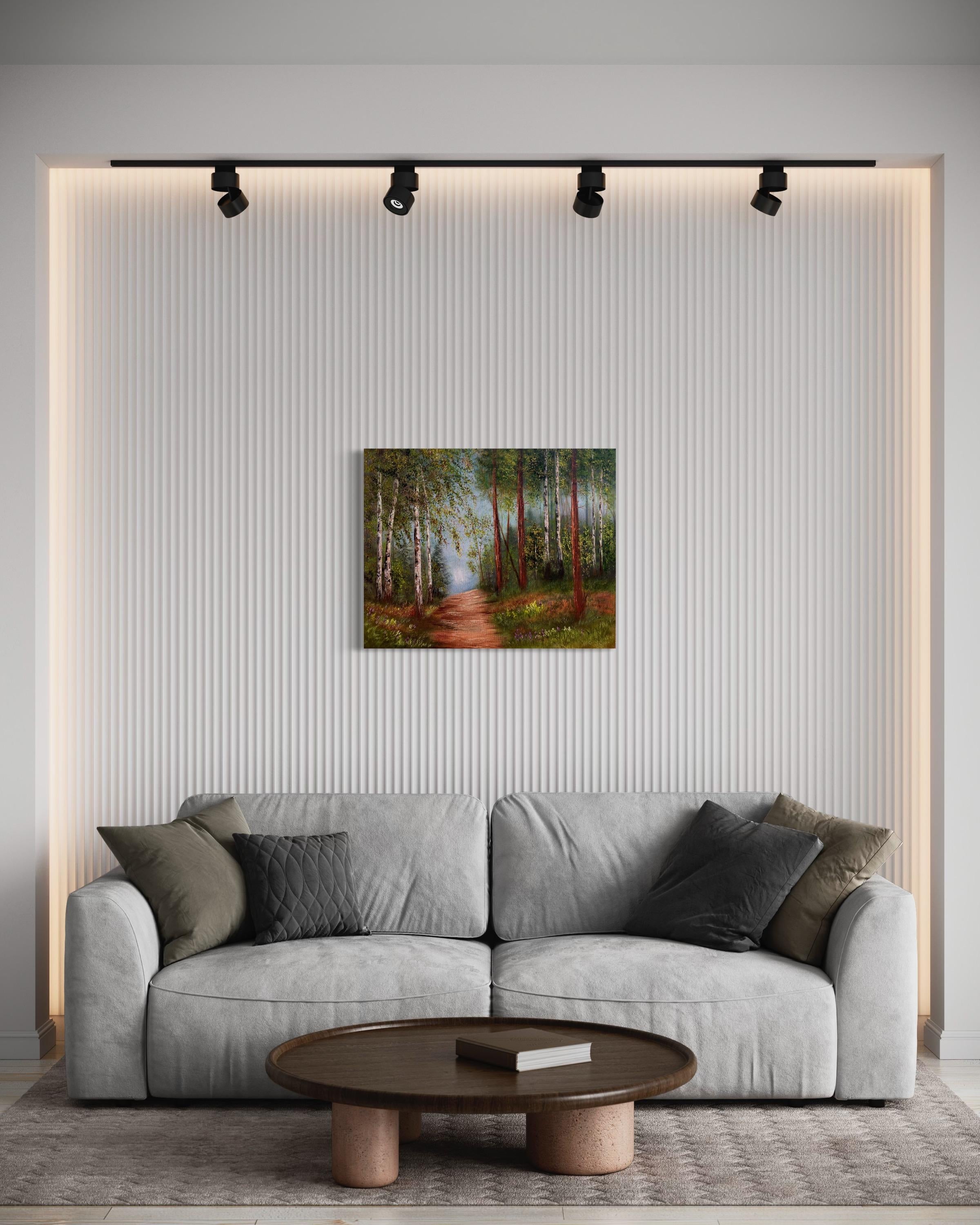 Al crear este óleo, me esforcé por captar el espíritu sereno y susurrante de un bosque de abedules. Cada trazo y elección de color refleja el juego de luces y sombras, manifestando un camino casi etéreo que invita al espectador a recorrerlo. La