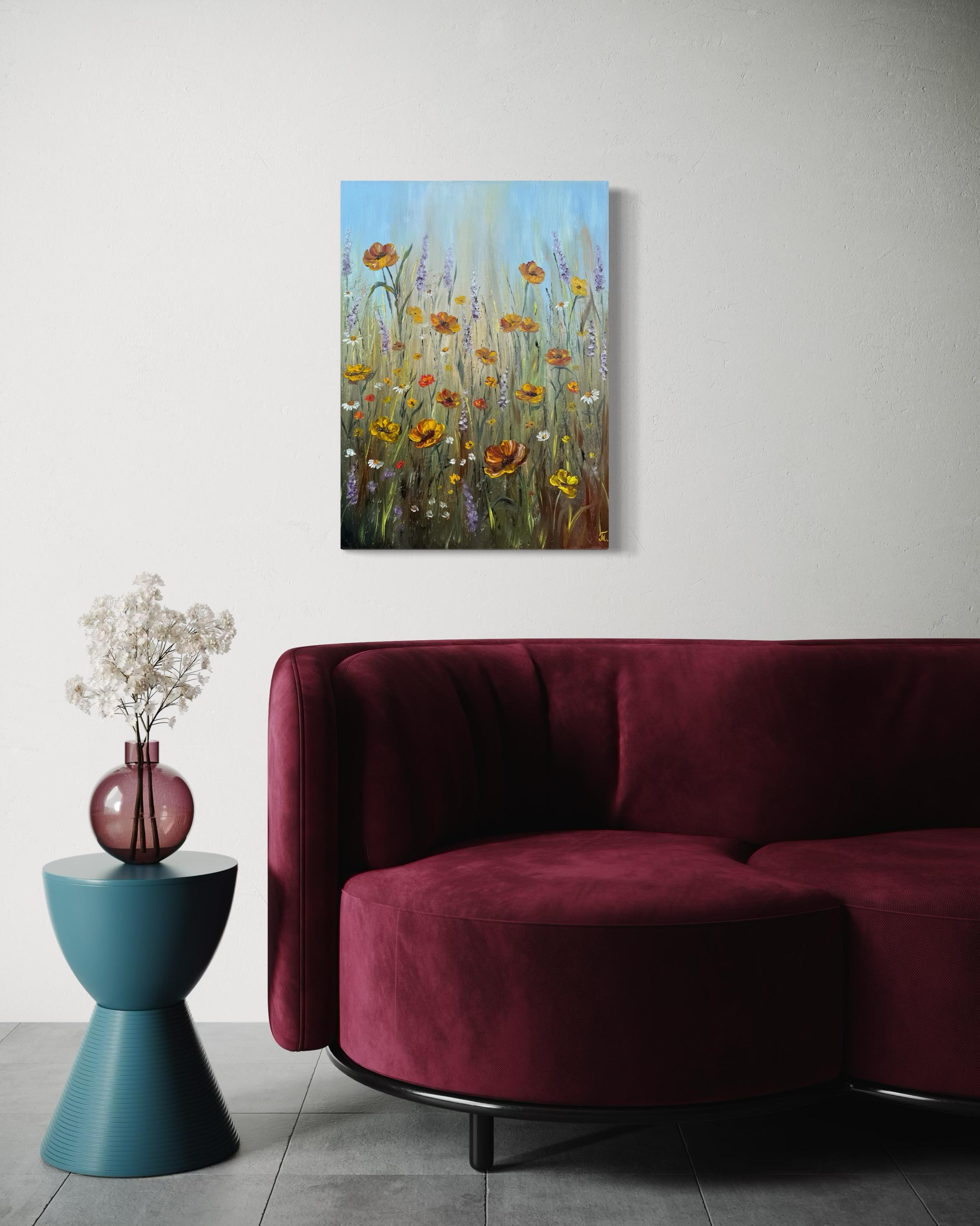 En este cuadro, he capturado un campo sereno de flores que danzan bajo un cielo apacible. Mi pincel dio vida a estas vibrantes flores silvestres, cada pincelada impregnada de pasión por la espontaneidad y el delicado equilibrio de la naturaleza.