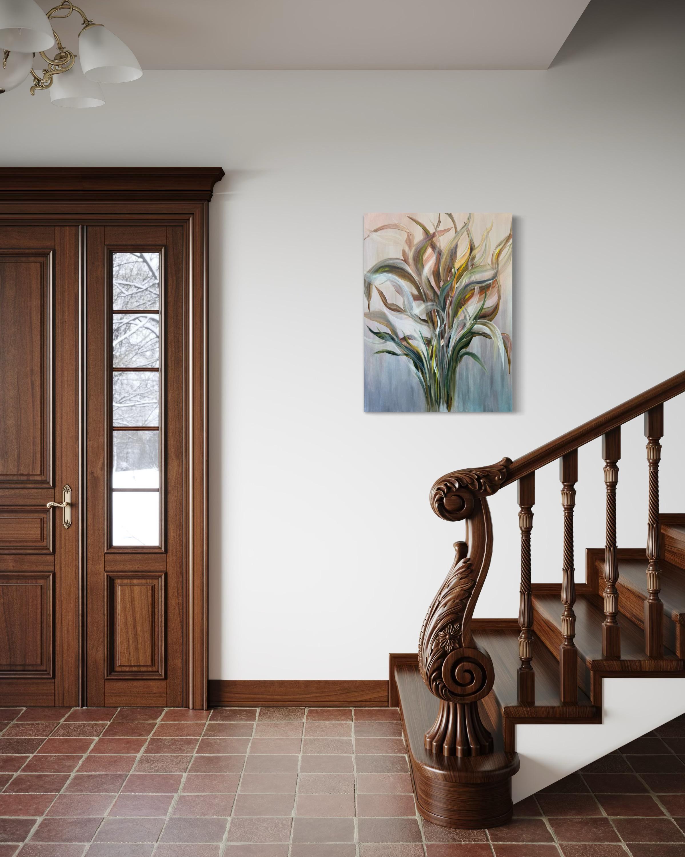 Dans ce tableau, j'ai plongé dans la danse exquise de la Nature avec une touche abstraite et impressionniste. J'ai choisi l'acrylique pour ses qualités vibrantes et malléables, qui m'ont permis d'exprimer le mouvement pur et fluide de ces formes