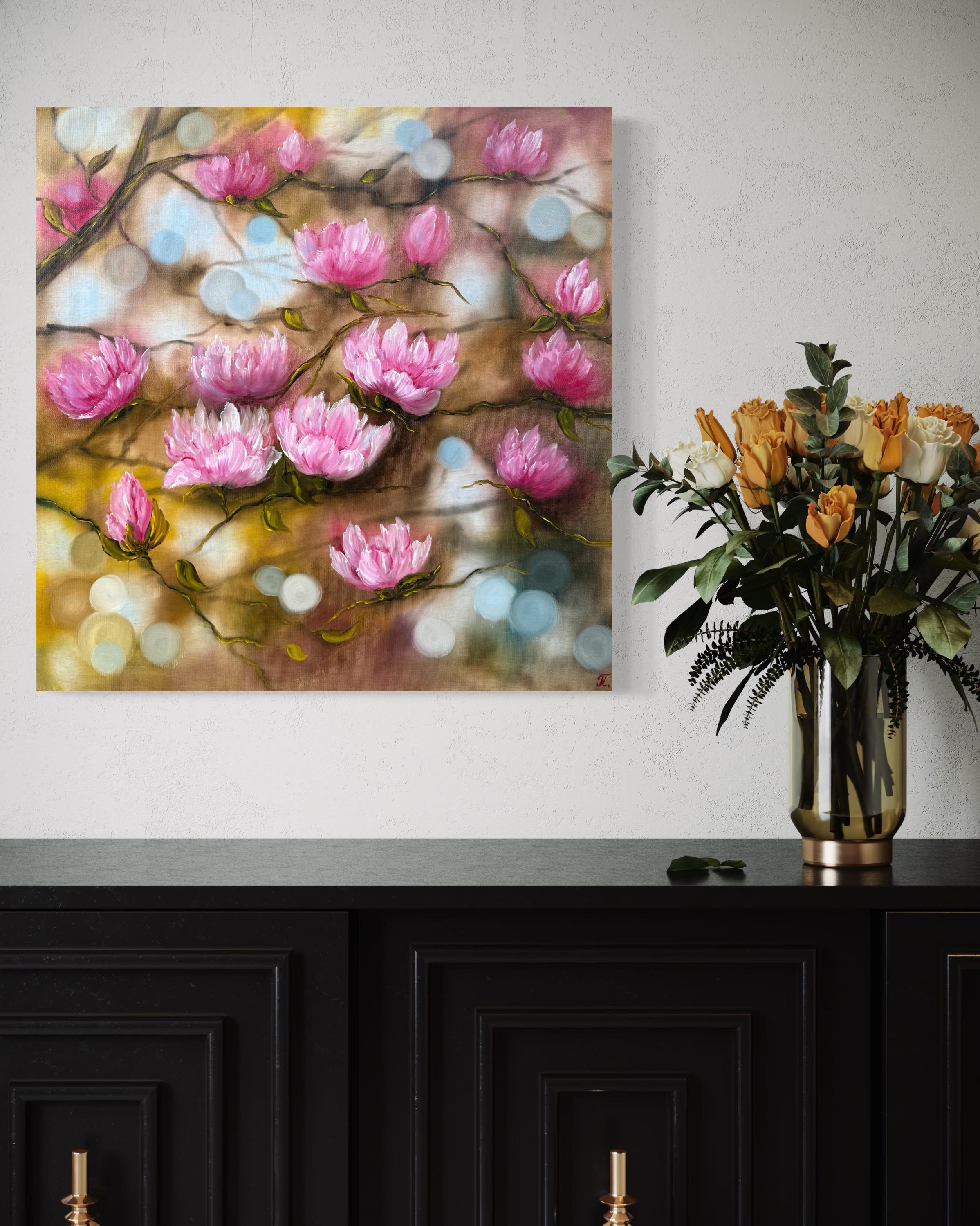 In creating this piece, I delved into the synthesis of abstract, impressionistic, and realistic styles, focusing on the tender emergence of spring and the renewal it brings. Using oil paints, I captured the delicate textures and vibrant bloom of
