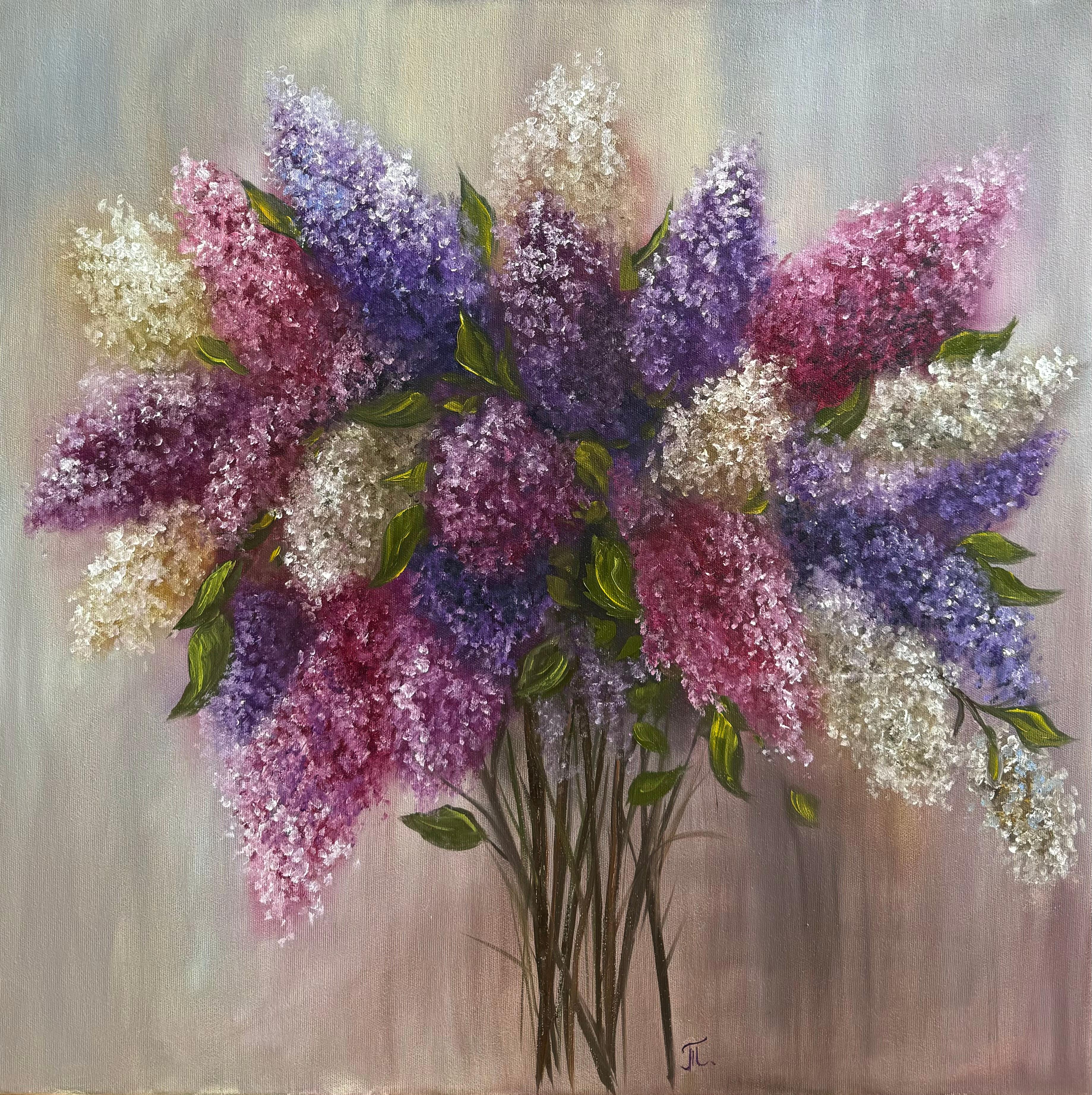 Freedom of Lilas - Gris Still-Life Painting par Tanja Frost