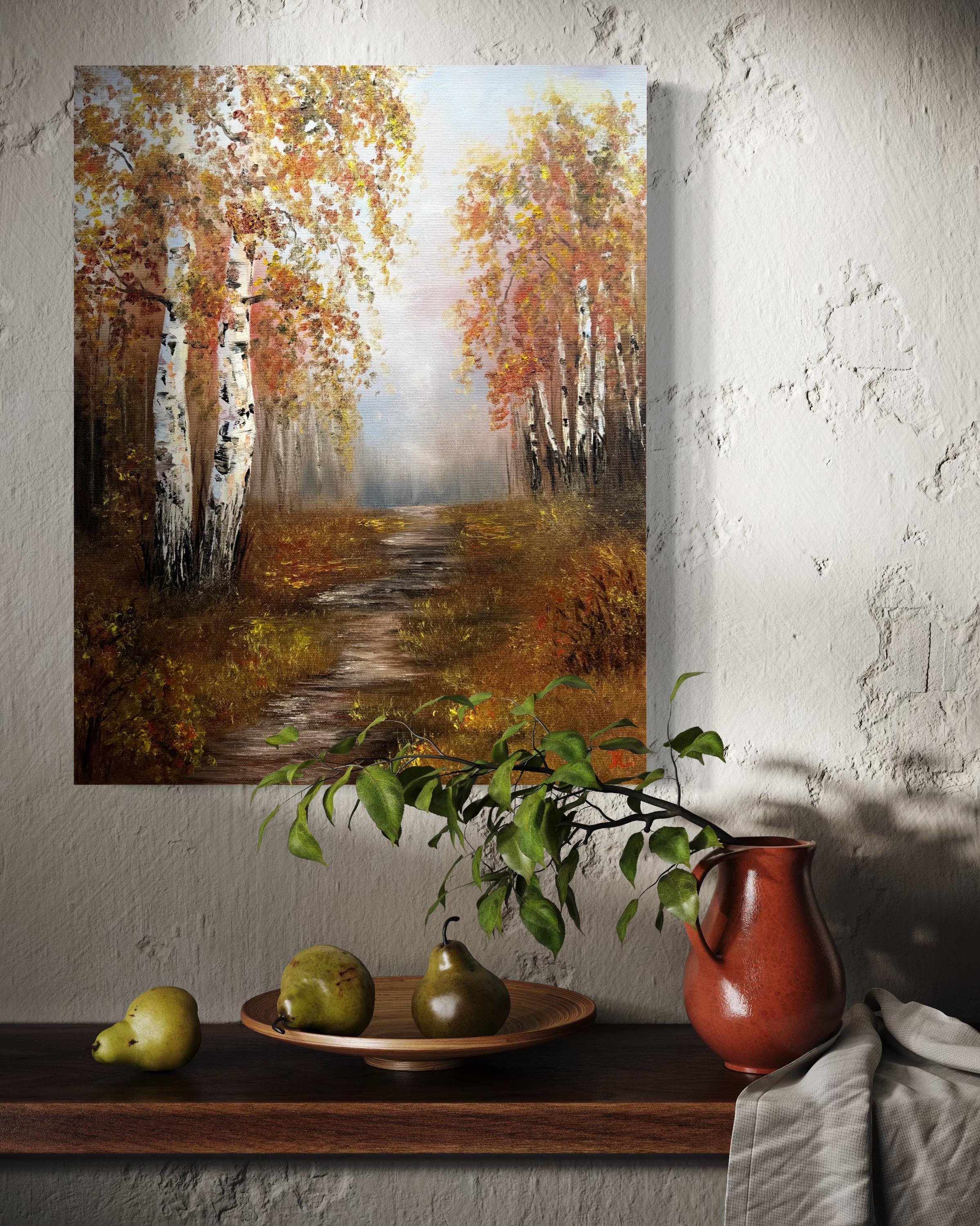 Golden Birches (Braun), Landscape Painting, von Tanja Frost