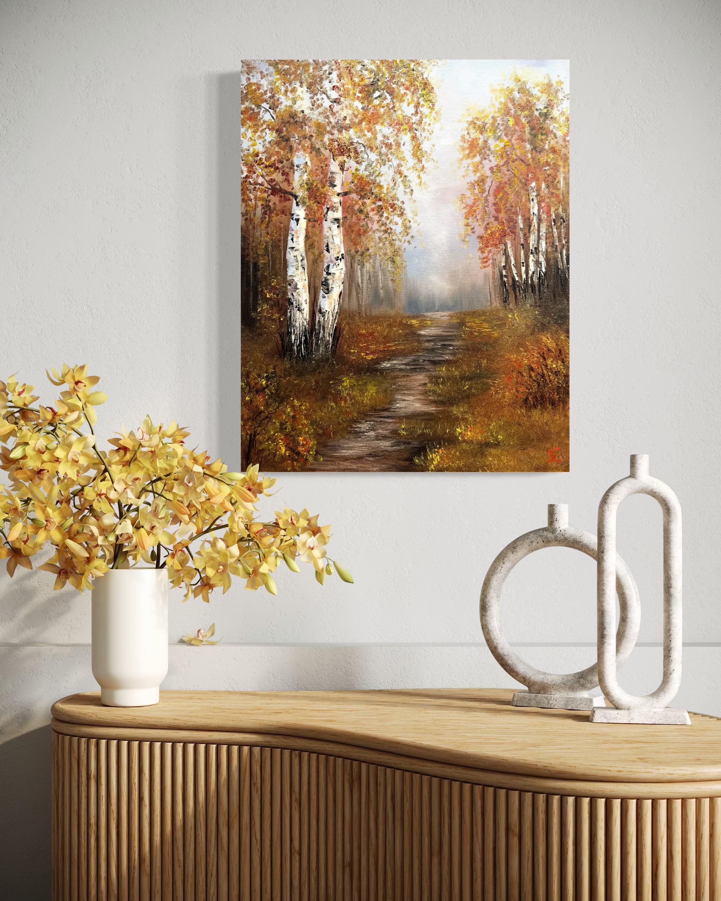 Es liegt ein stiller Zauber in der Art und Weise, wie sich diese Birken über den Waldweg beugen, ihre ockerfarbenen Blätter flüstern Geschichten von Herbstnachmittagen. Jeder Blick auf dieses Bild fühlt sich an, als würde man barfuß auf einem