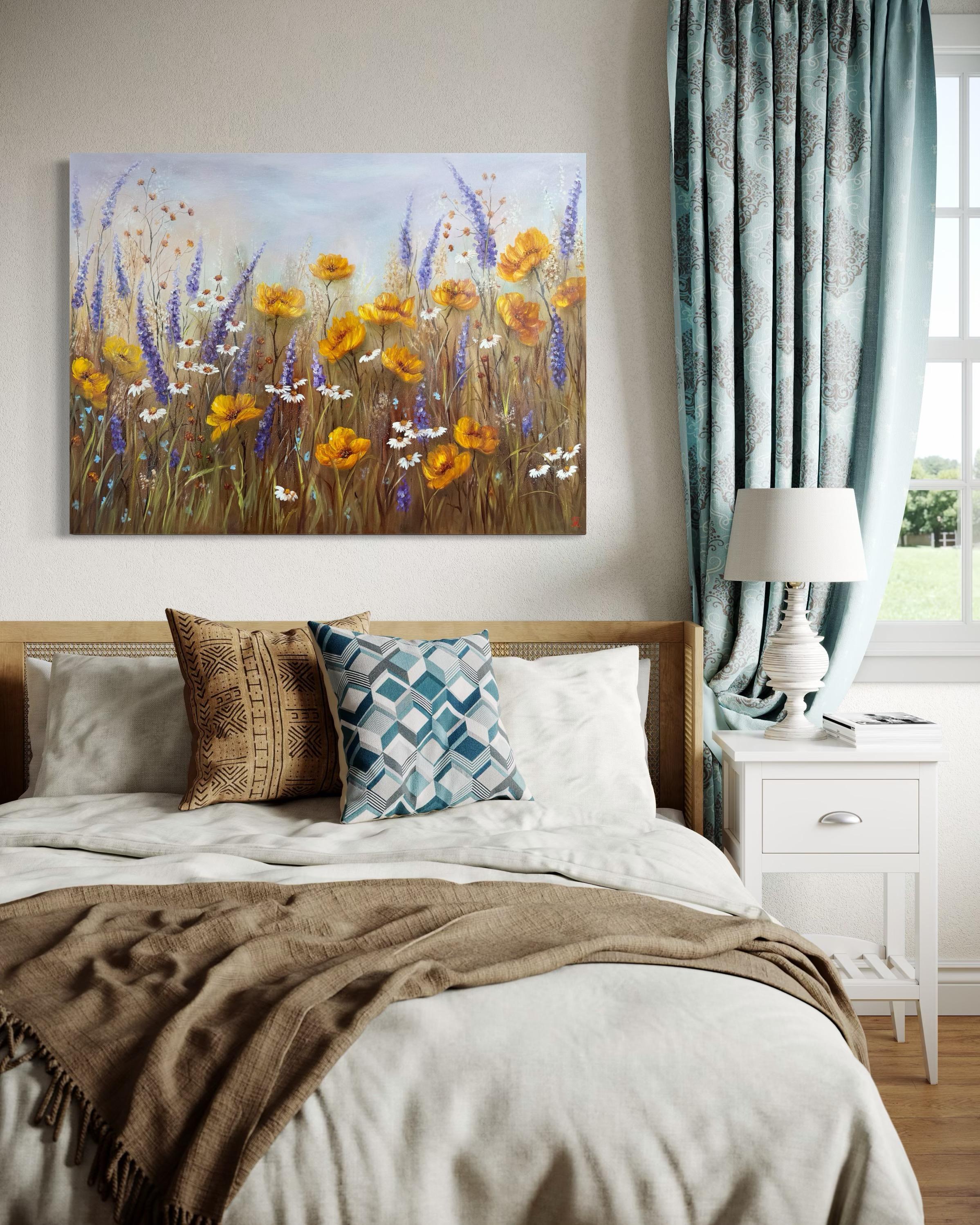 Golden Quiet - Floral Symphony collection - Gray Landscape Painting by Tanja Frost