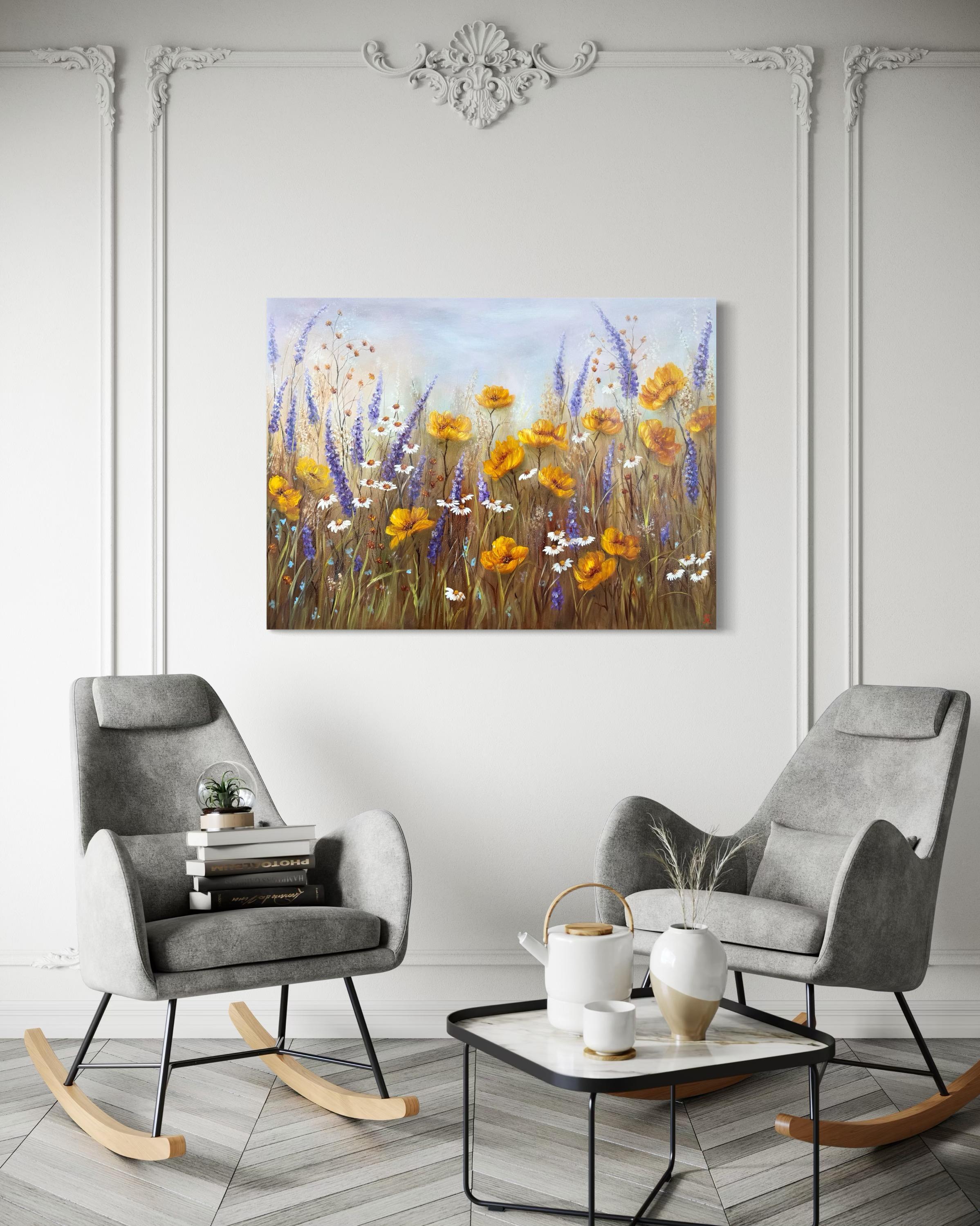 This painting is a gentle breath of summer — the kind that makes you stop and remember how silence can bloom. Each flower here is not just painted; it’s felt, as if the artist gathered sunlight and turned it into color. There’s no rush, no noise —