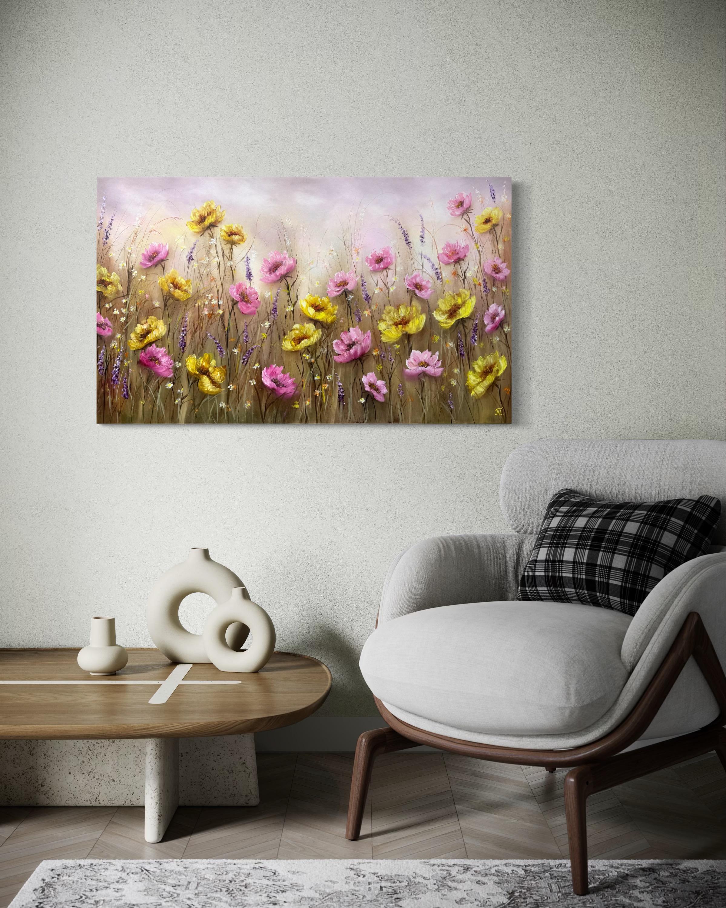 Dieses Bild strahlt die Wärme eines goldenen Morgens aus, an dem die Liebe mit dem Licht erwacht. Die zarten Rosa- und Gelbtöne tanzen zusammen wie zwei Herzen, die sich zum ersten Mal treffen - sanft, neugierig und unendlich zärtlich. Jeder