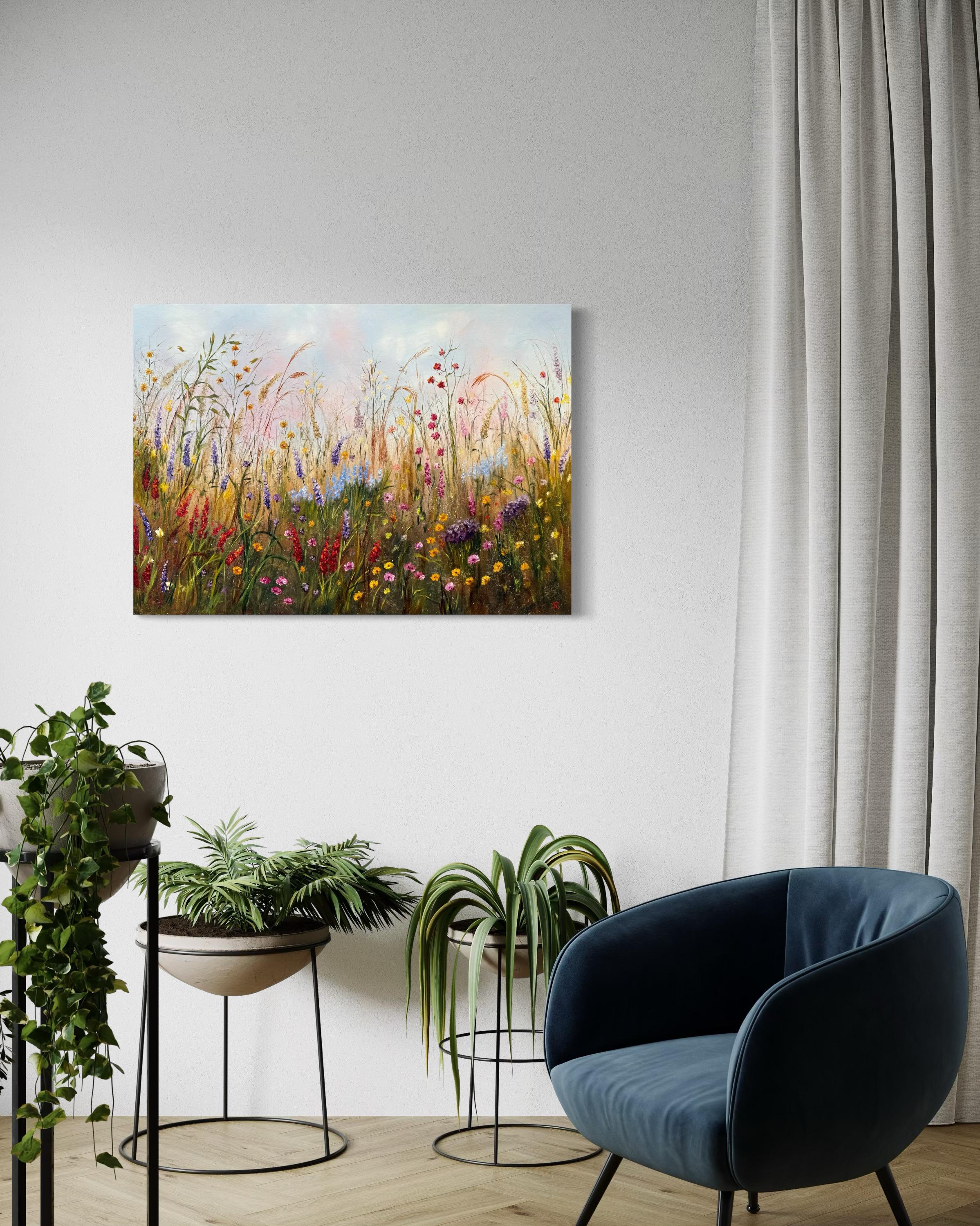 Honey Flower Breeze (Beige), Landscape Painting, von Tanja Frost