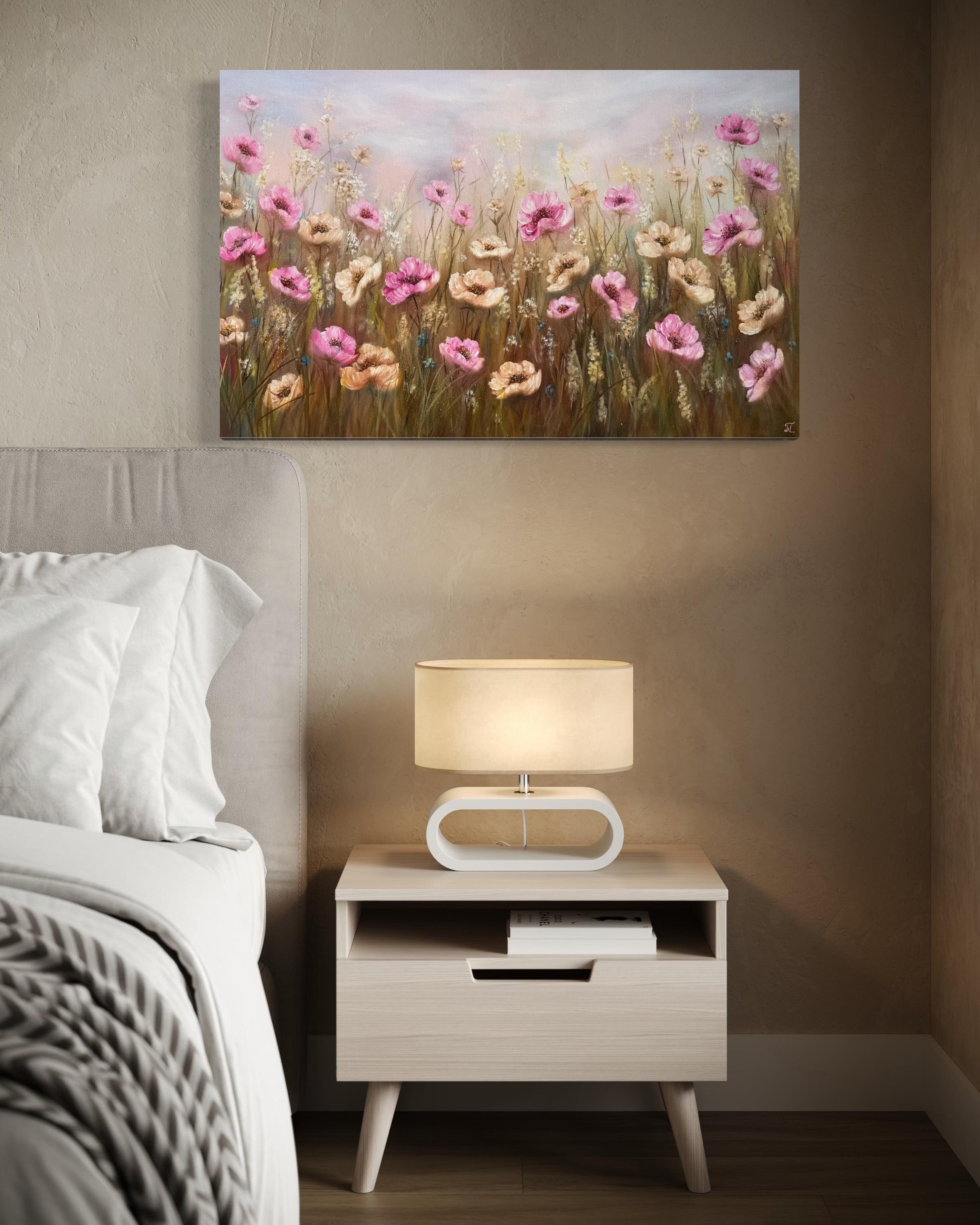 This painting feels like the moment the world first learns to love again. The flowers rise through golden air, as if drawn by a quiet heartbeat beneath the earth. The soft pinks and warm creams speak a language older than words — gentle, trusting,