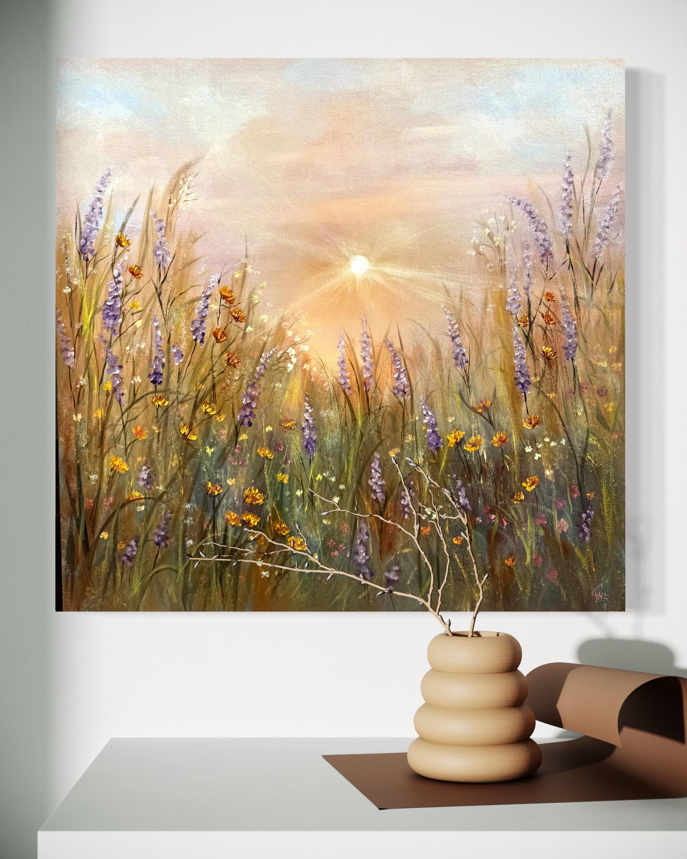 In diesem Ölgemälde habe ich versucht, die zarte, flüchtige Schönheit des Frühlings in einem impressionistischen Stil einzufangen. Das sanfte Spiel des Lichts durch die Wildblumen und die weichen Farbtöne suggeriert Erneuerung und das Versprechen