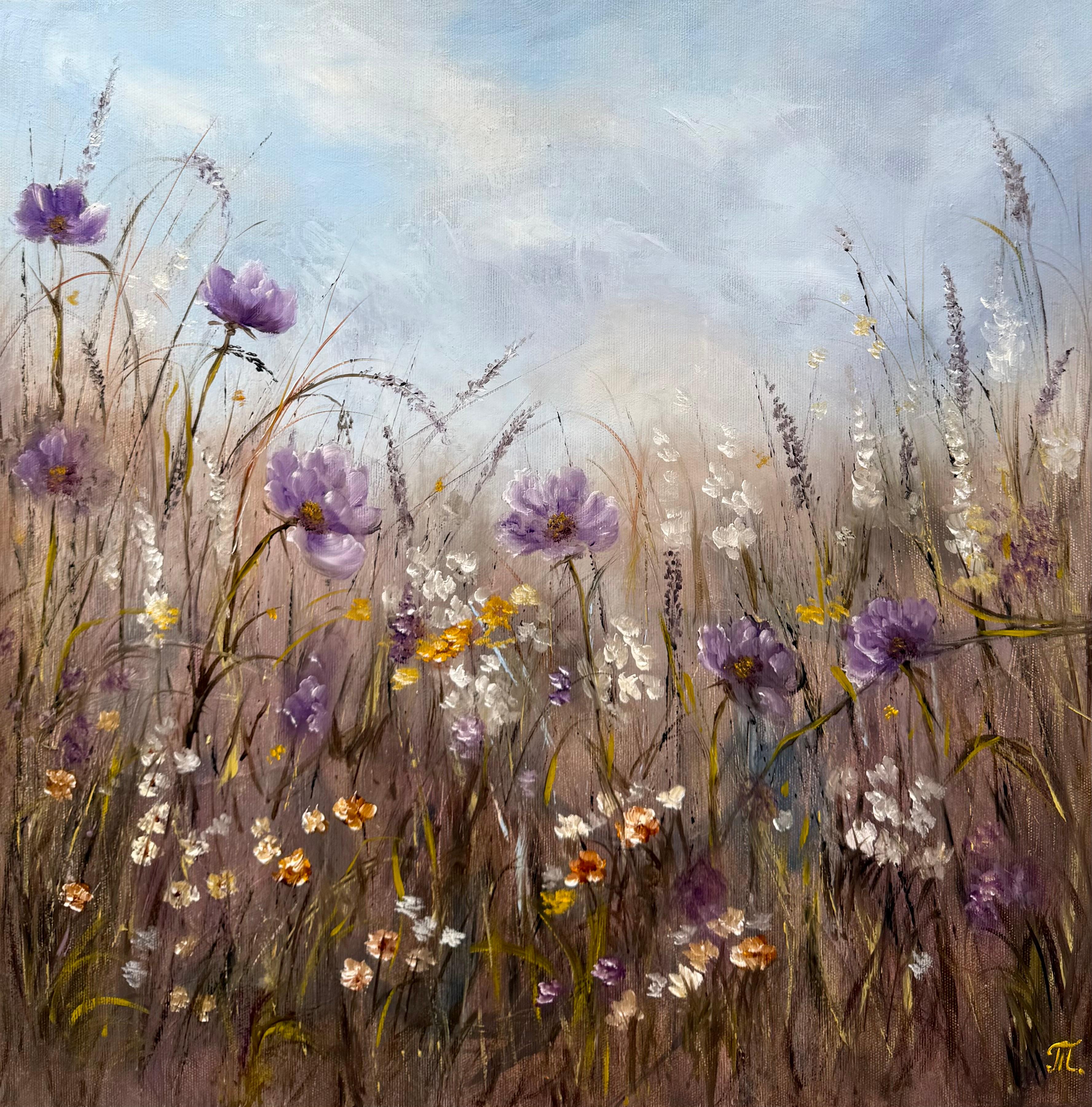 Tanja Frost Landscape Painting – Verloren auf der Morgenwiese
