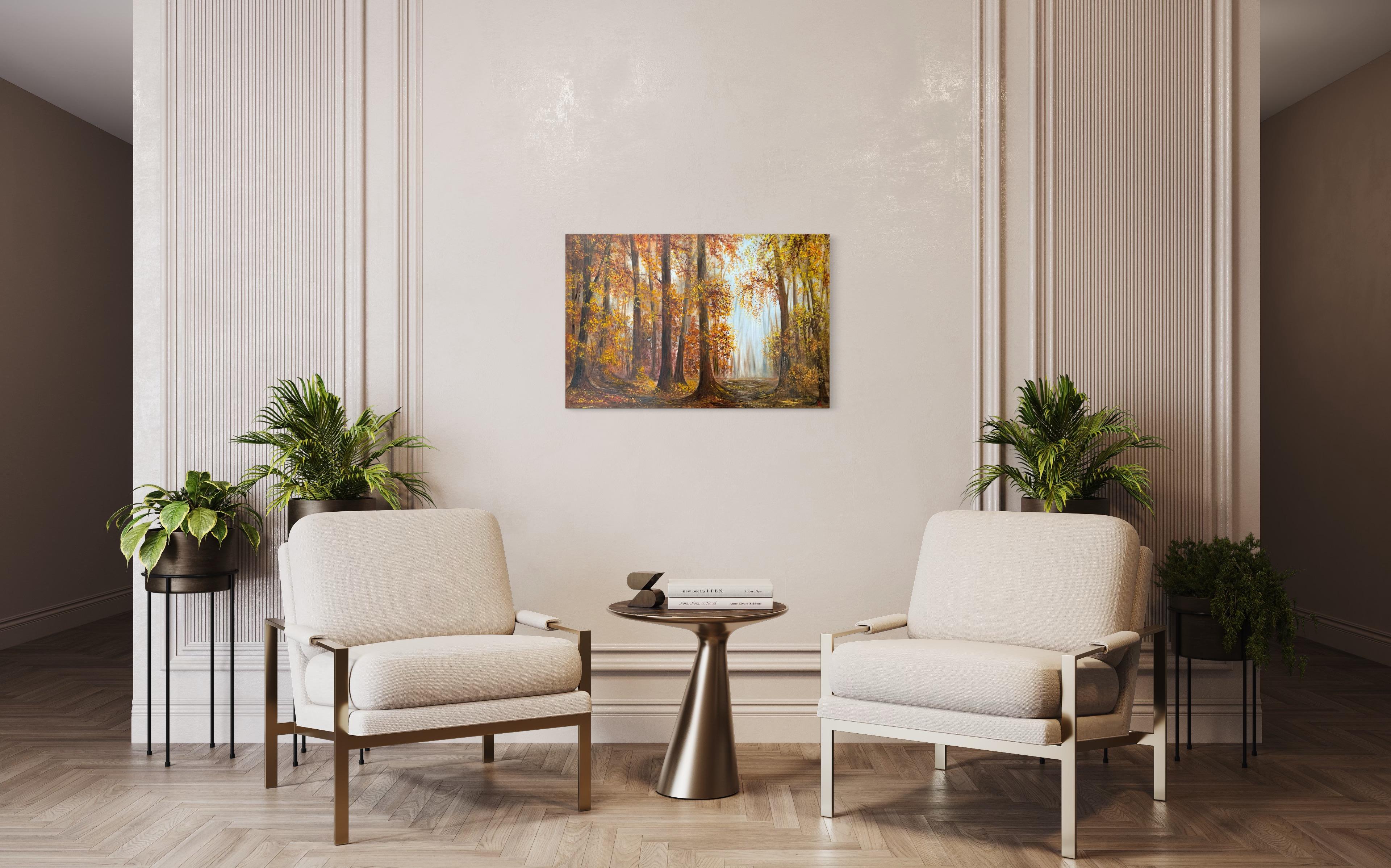Mit diesem Gemälde wollte ich die ätherische Schönheit eines in goldenes Licht getauchten Herbstwaldes einfangen. Jeder Pinselstrich ist von meiner Leidenschaft für die Ruhe der Natur und den flüchtigen Zauber des Herbstes durchdrungen. Das Spiel