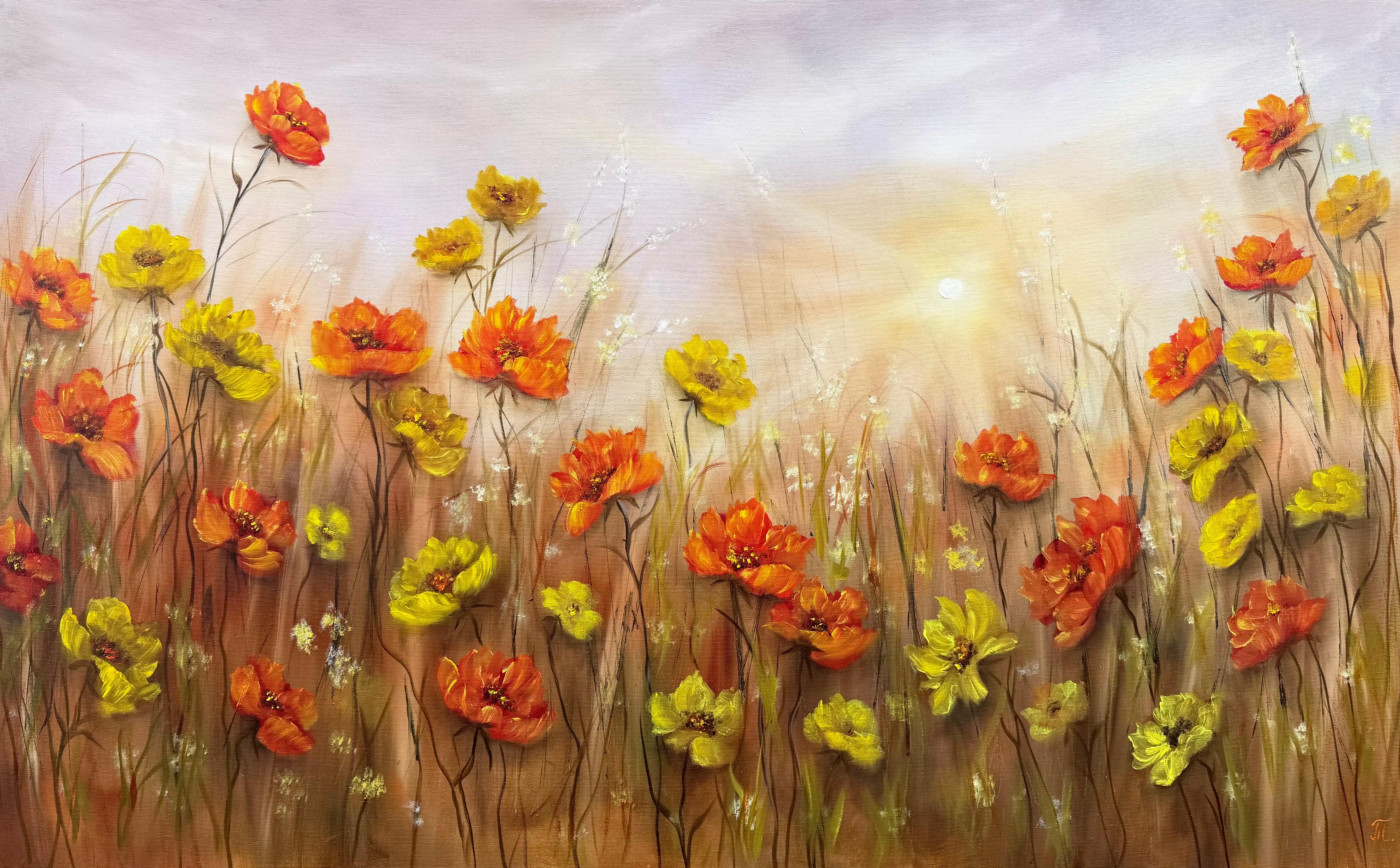 Cette peinture capture la magie d'un lever de soleil qui promet quelque chose de beau - le moment tranquille où l'espoir prend son premier souffle. Les fleurs dorées et ambrées semblent briller de l'intérieur, se balançant doucement dans la chaleur