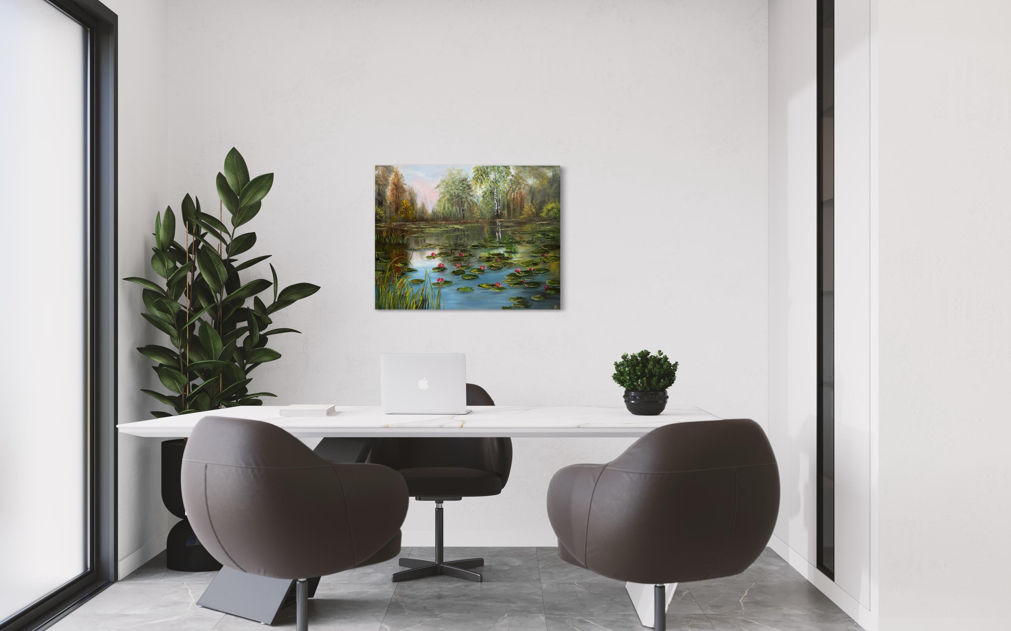 Teich im Grünen (Grau), Landscape Painting, von Tanja Frost