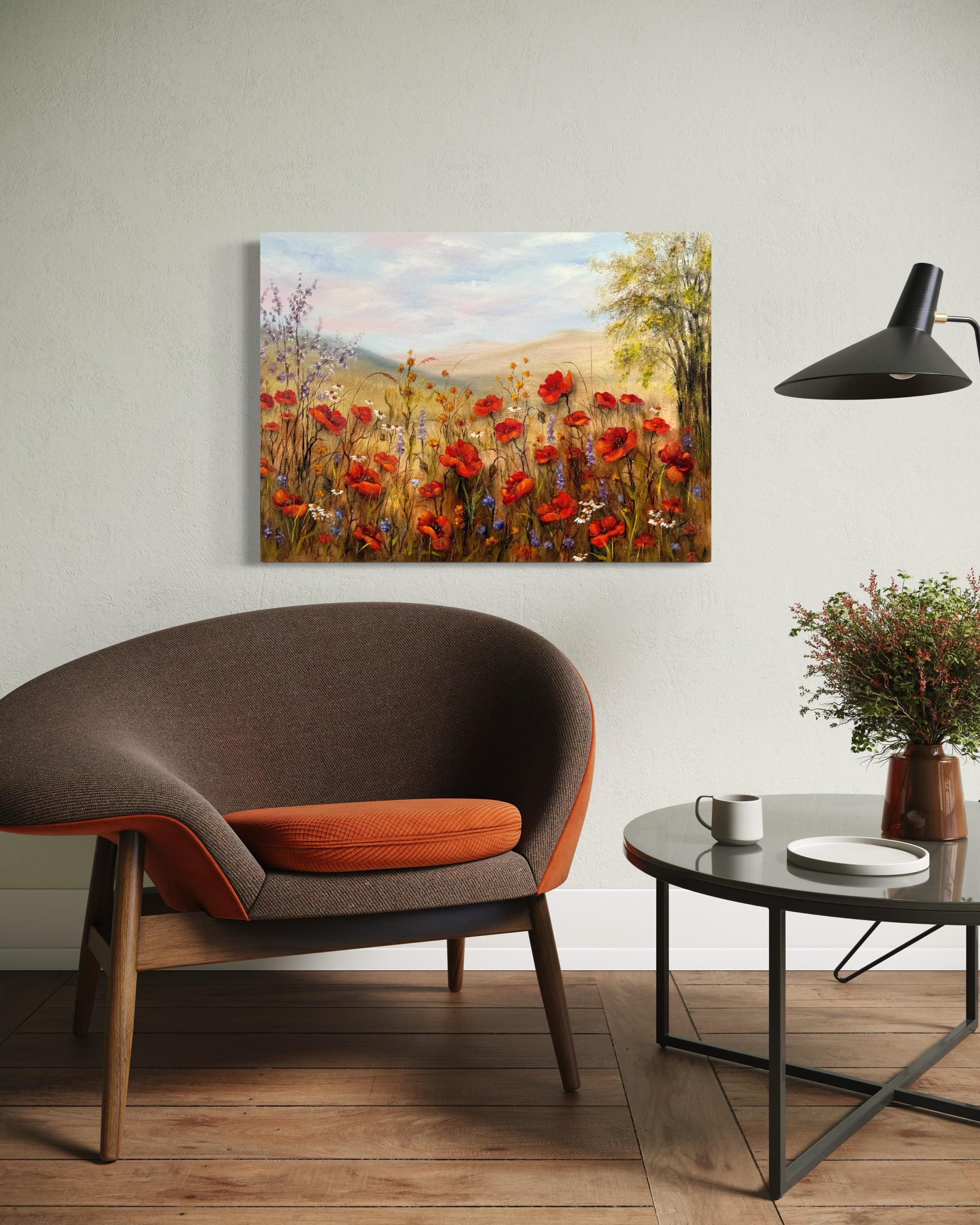 Mohnblumen im Herzen (Beige), Landscape Painting, von Tanja Frost