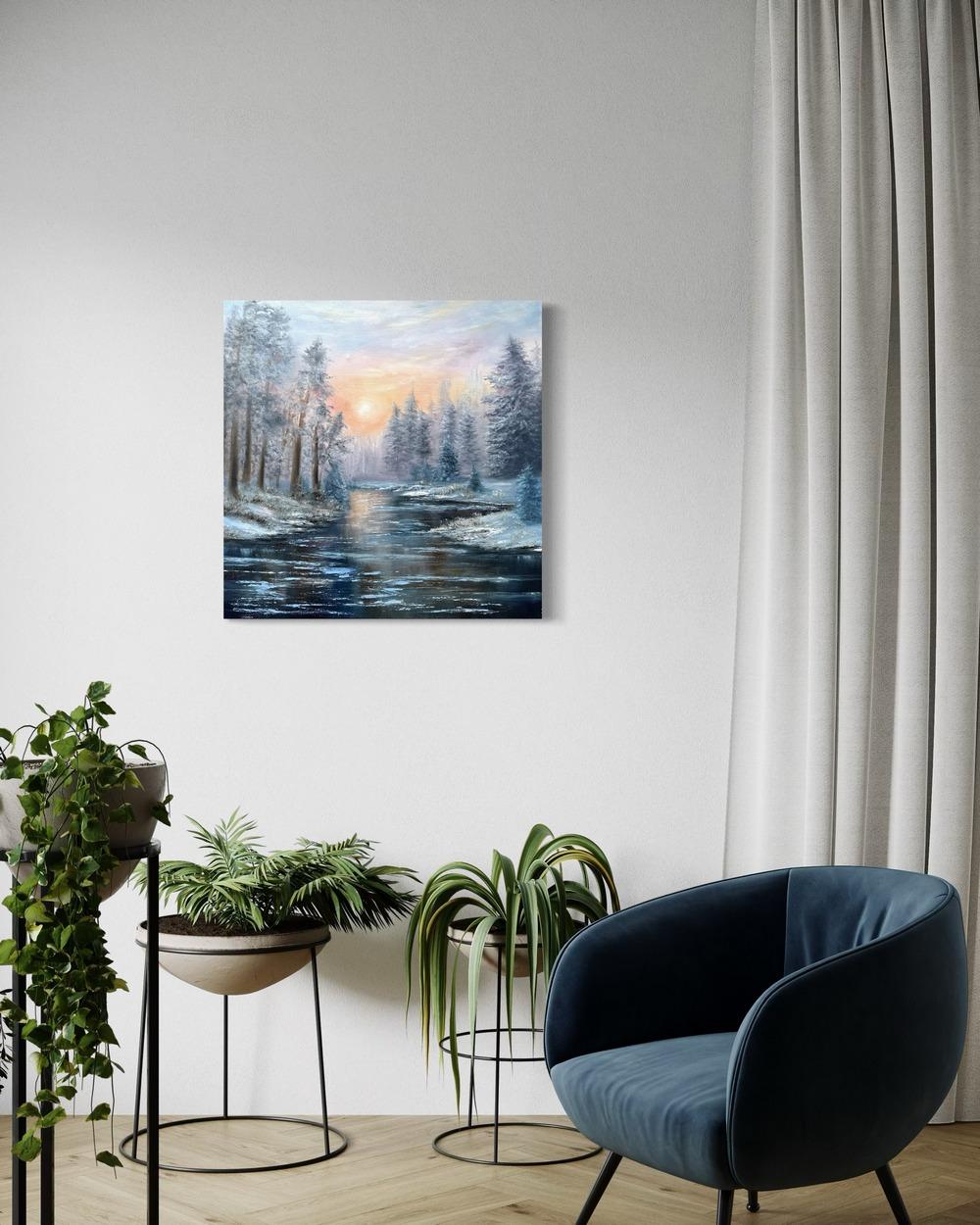 En esta obra, capto el abrazo sereno de la naturaleza utilizando pinturas al óleo, mezclando las texturas evocadoras del realismo con la fluidez del impresionismo. La escena, un tranquilo río que serpentea por un bosque neblinoso y cubierto de nieve