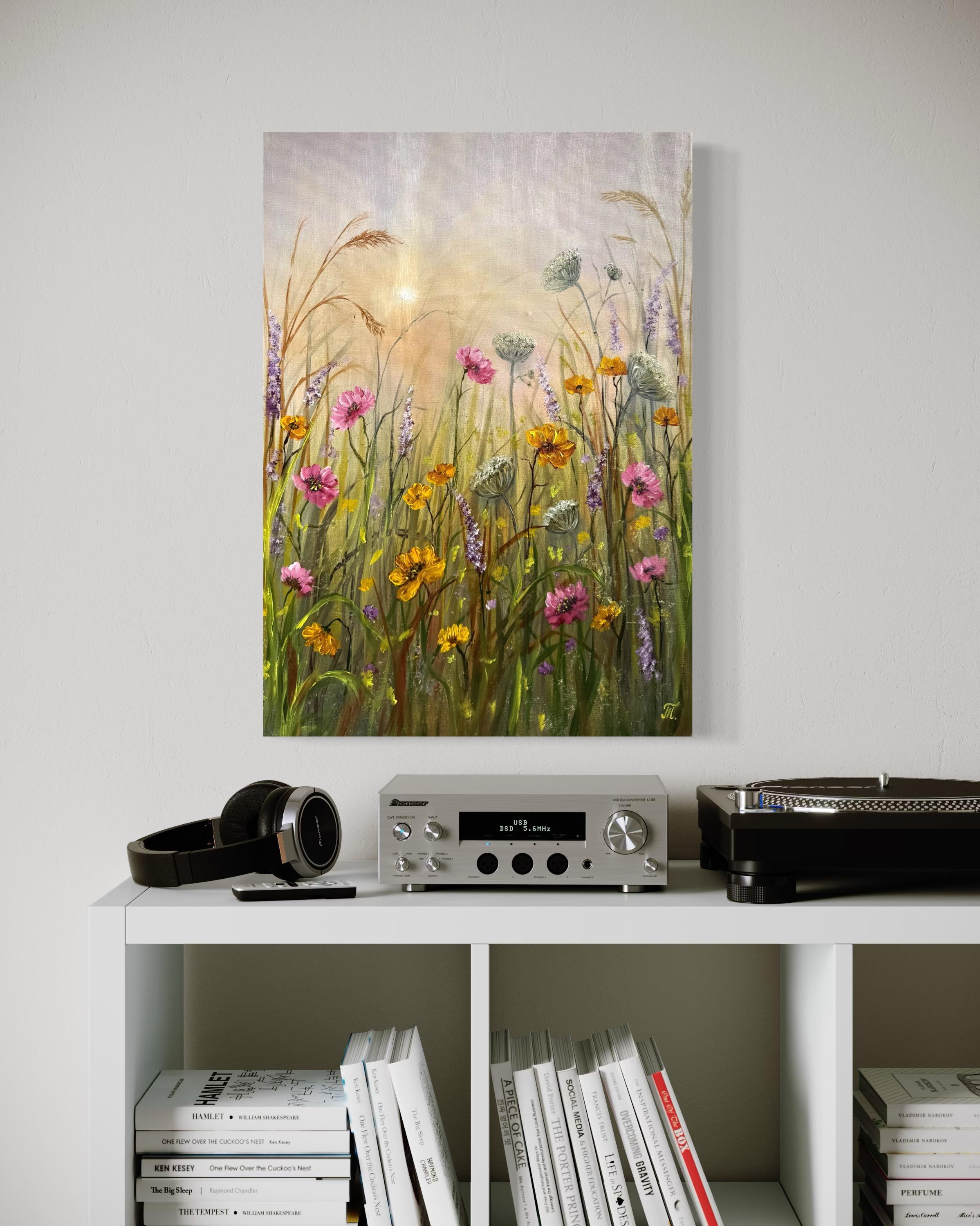 In diesem Gemälde habe ich das ruhige Flüstern einer Wiese in der Morgendämmerung eingefangen und dabei Impressionismus mit abstrakten Anklängen vermischt. Der zarte Tanz der Wildblumen in sanften Tönen haucht der Leinwand Leben ein und lädt zu Ruhe