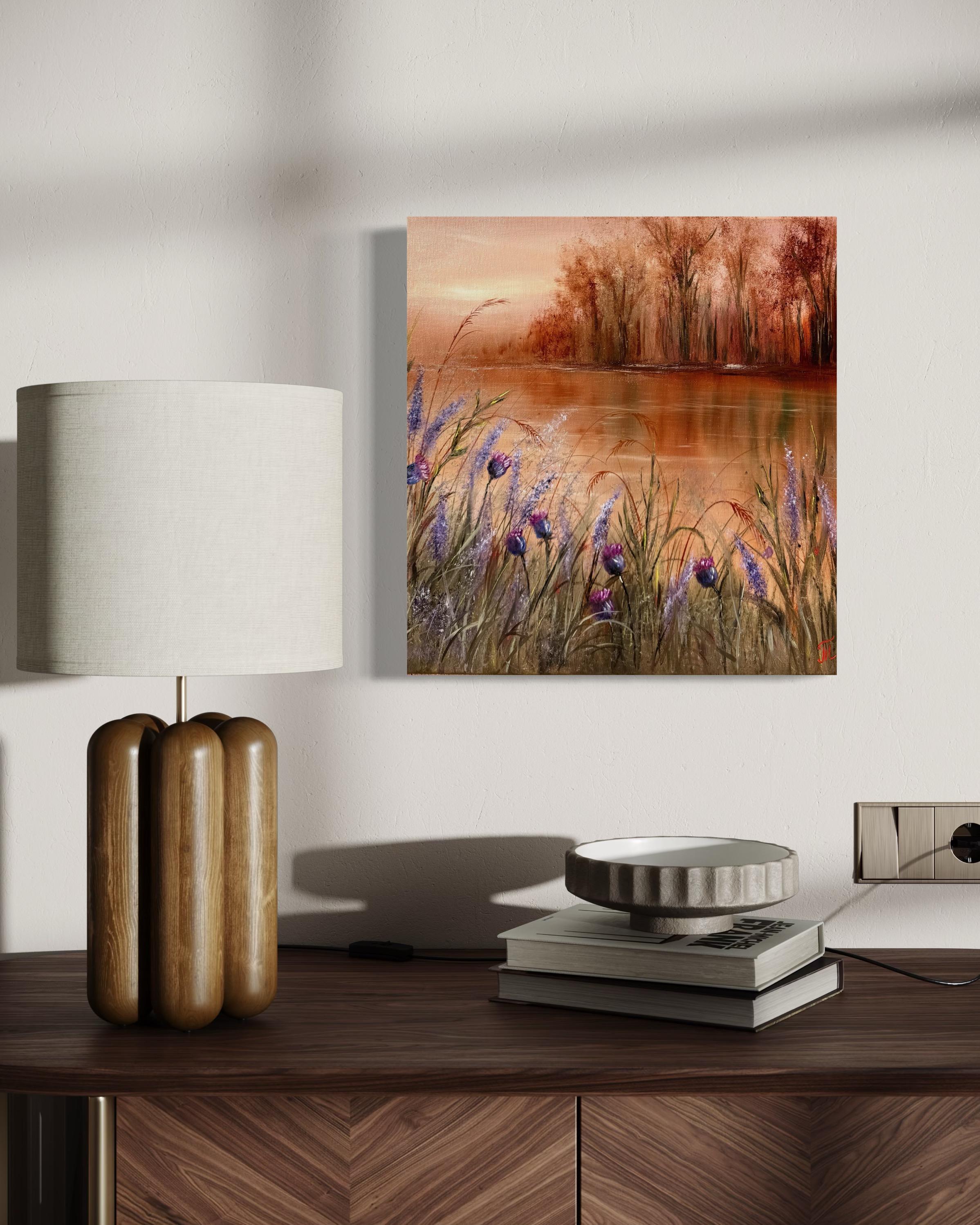 In diesem Gemälde herrscht eine ruhige Septemberstimmung, wenn die Farben nicht mehr schillern, aber noch die letzte Wärme des Sommers in sich tragen. Eine Stille, die dich nicht belastet, sondern umarmt. Das Wasser, die Gräser und die Blumen