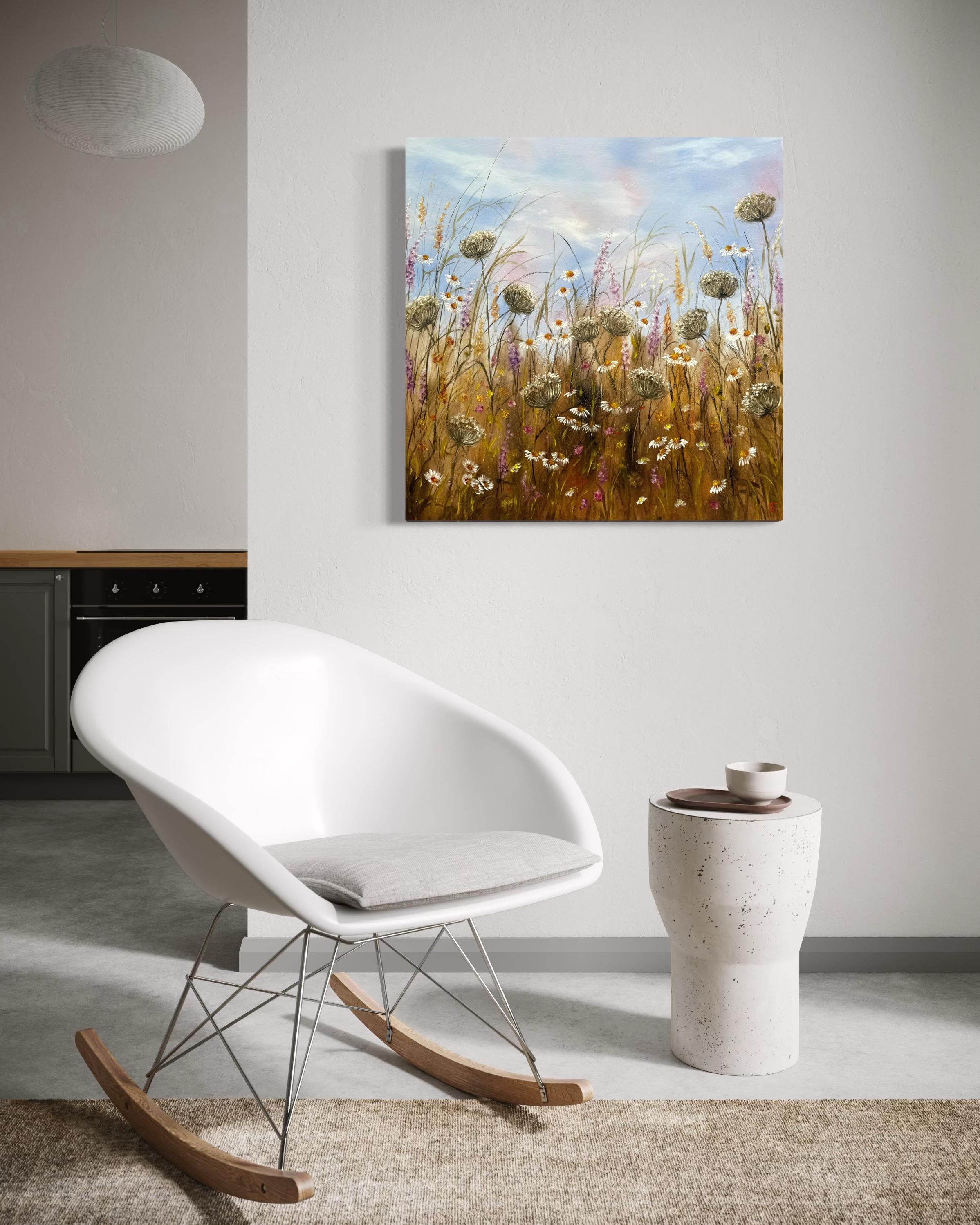 Silent Meadow - Gray Landscape Painting by Tanja Frost