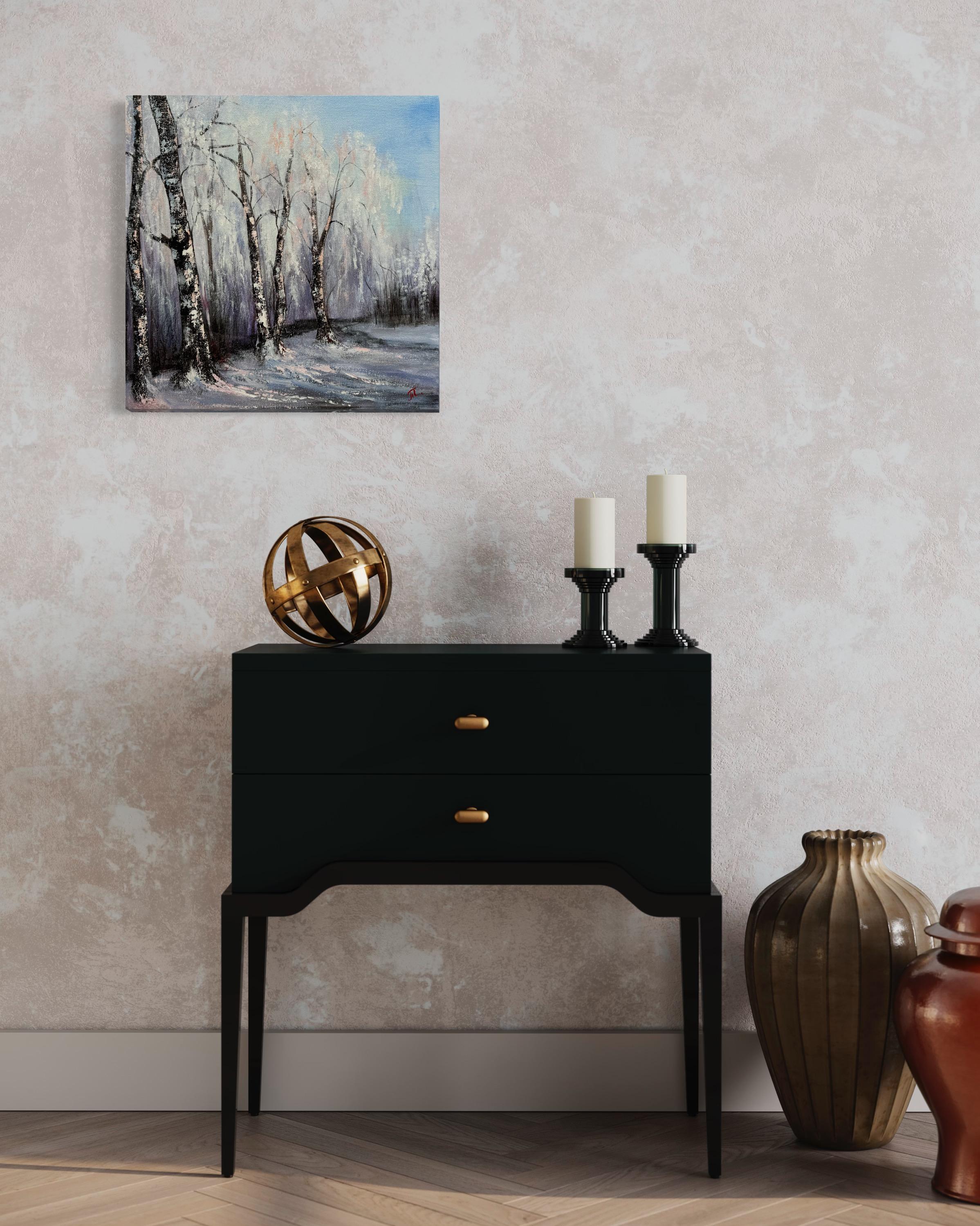 Dieses Gemälde fängt mit strukturierten Acrylstrichen die stille Majestät eines winterlichen Hains ein. Ich habe die Szene mit einer Mischung aus Realismus und Impressionismus versehen, um die ruhige Kühle und die gedämpften Farben der kalten