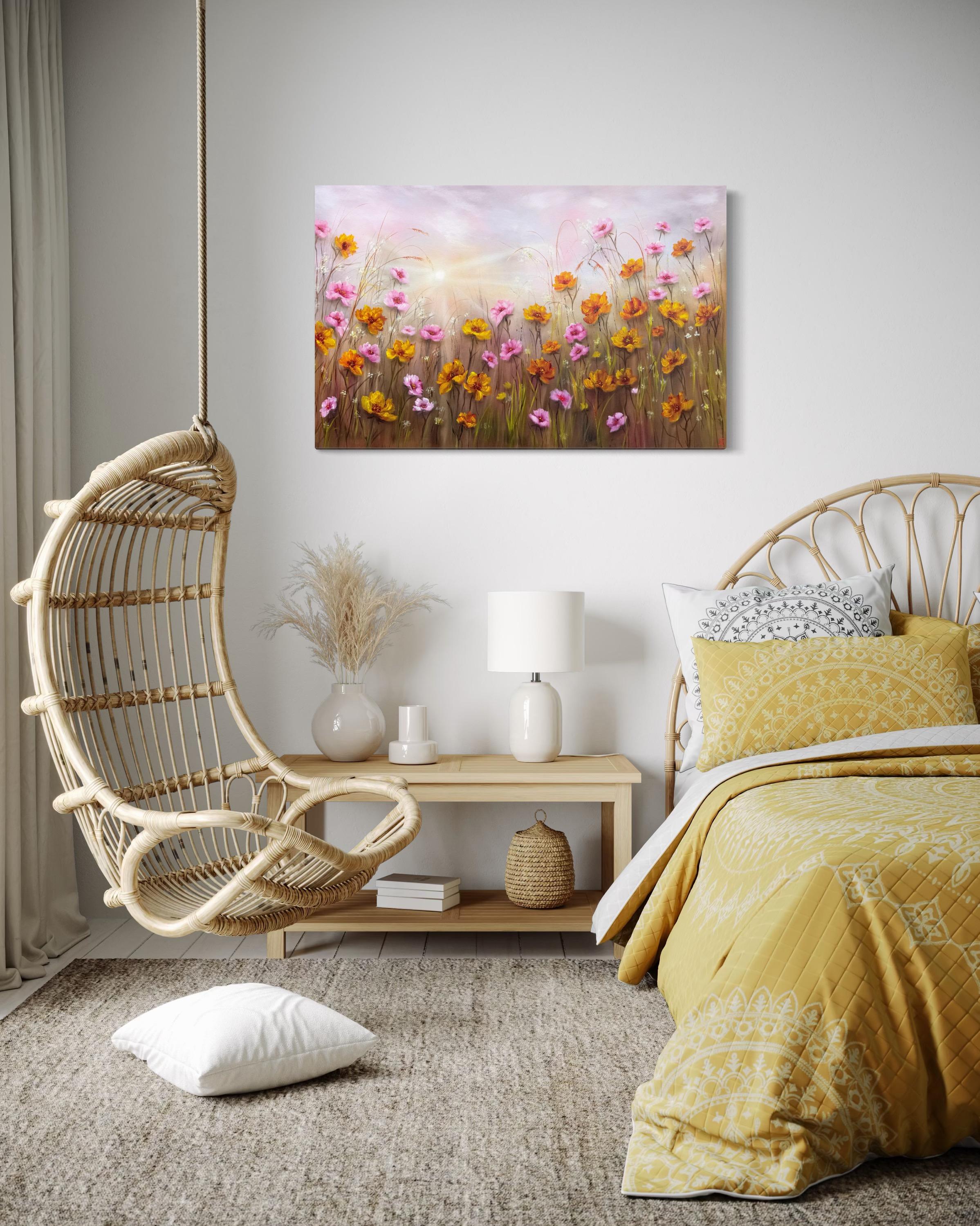 Dieses Gemälde fängt den zarten Moment ein, wenn die Morgendämmerung die Erde küsst - ein Zusammentreffen von Licht und Blüte, zart und voller Verheißung. Die zarten Rosa- und Goldtöne verschmelzen wie zwei Herzen, die lernen, in Harmonie zu