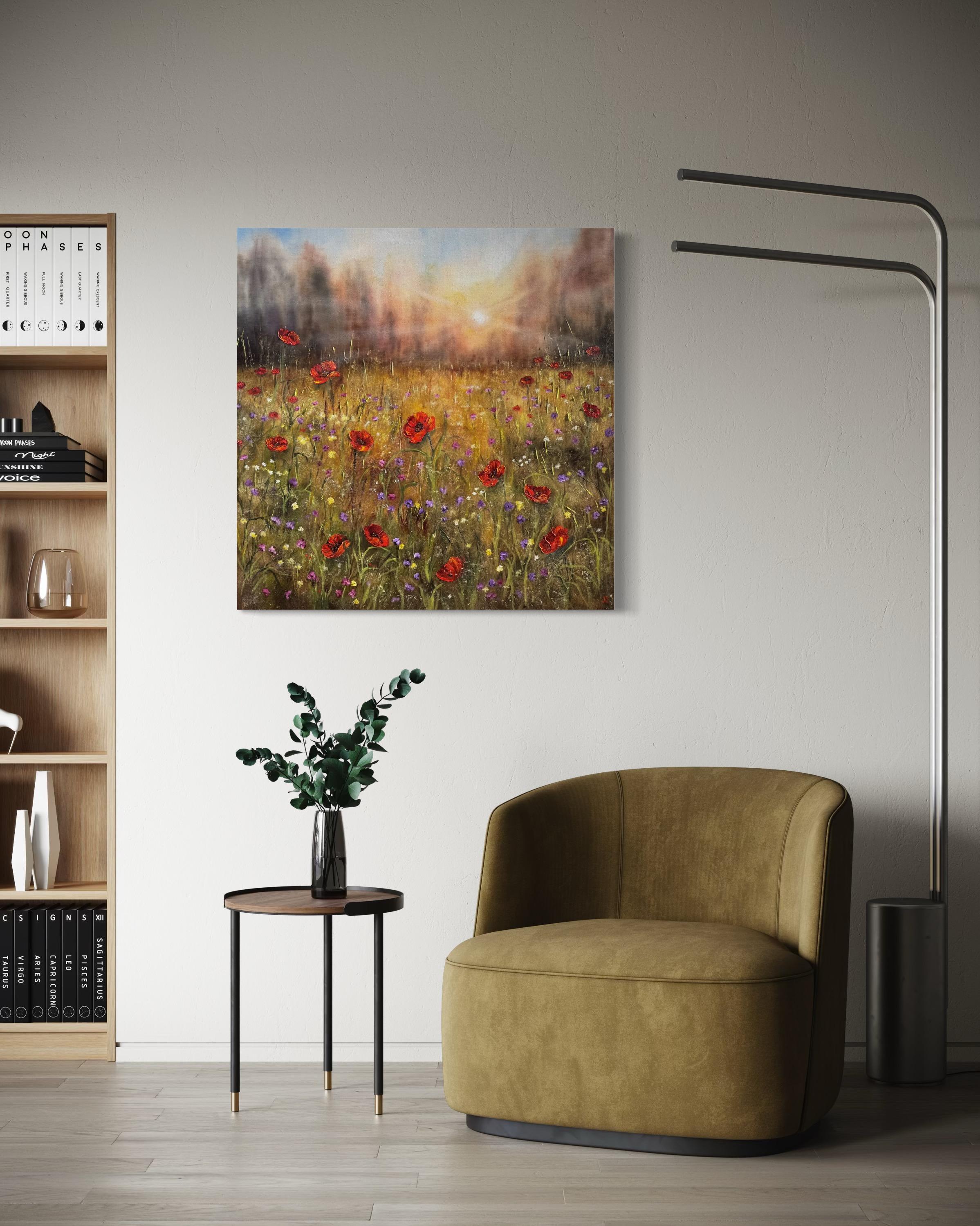 Questo quadro ti trasporta in un campo dorato dove la luce del mattino bacia delicatamente i petali dei papaveri in fiore. Vibranti fiori rossi danzano tra fiori bianchi e lavanda, riempiendo lo spazio di vita e poesia. Ogni pennellata porta con sé