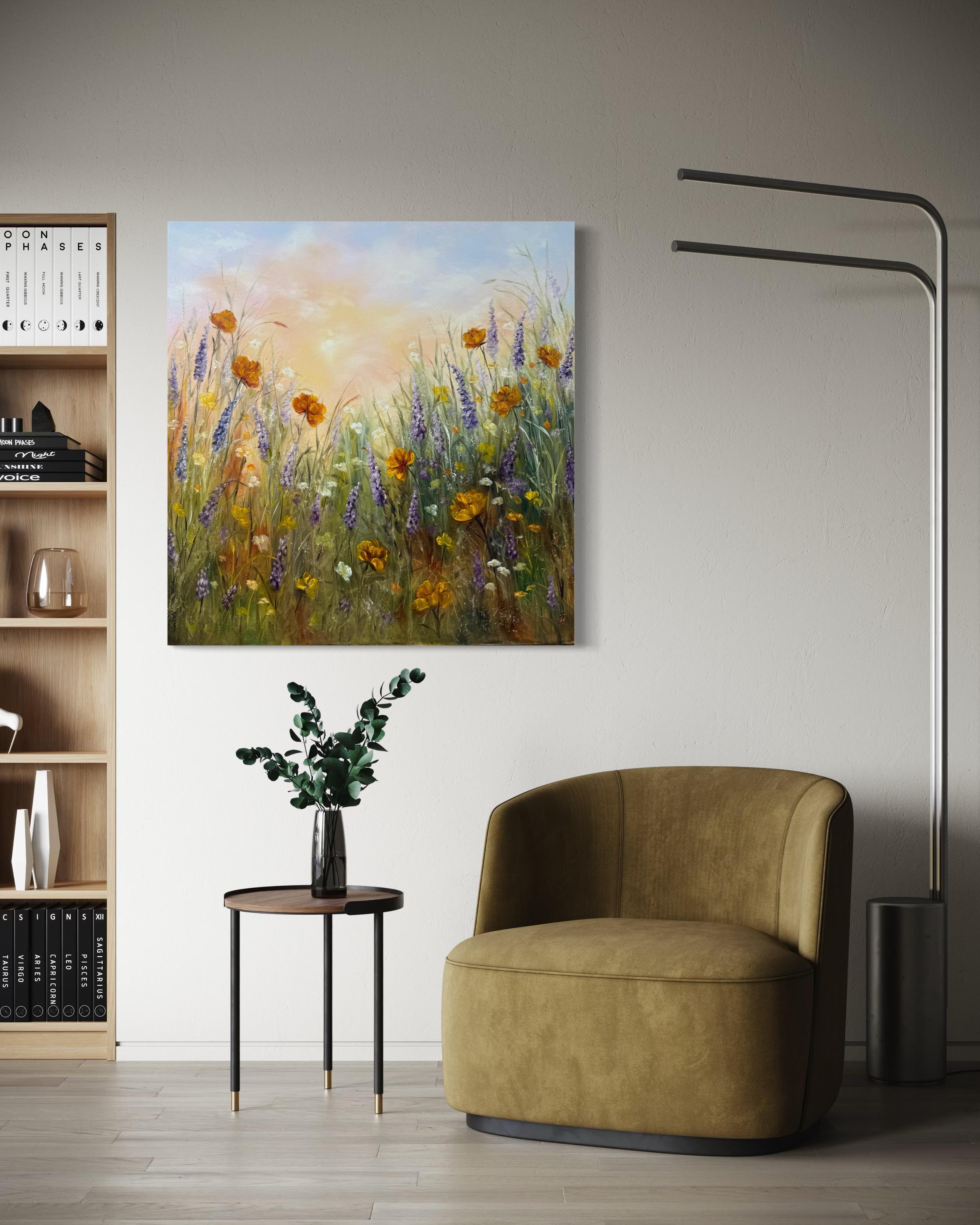 Betreten Sie ein sonnenbeschienenes Feld, auf dem sich wilde Mohnblumen und Gänseblümchen sanft in der warmen Brise wiegen. Dieses Original-Ölgemälde fängt den Zauber des goldenen Lichts ein und bringt Wärme, Romantik und ein Gefühl der Ruhe in