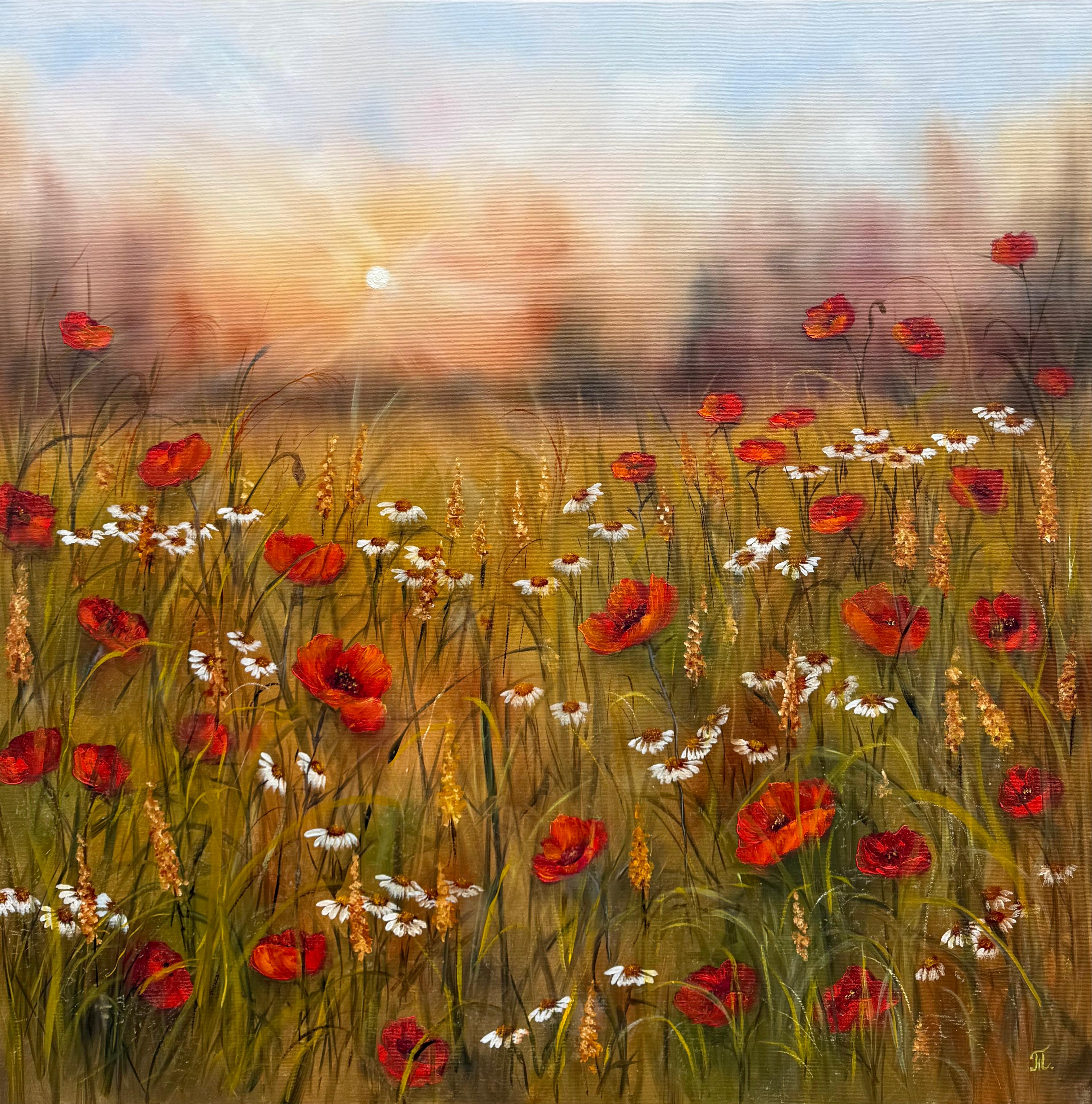 Serenade der Mohnblumen im Sonnenlicht (Braun), Landscape Painting, von Tanja Frost