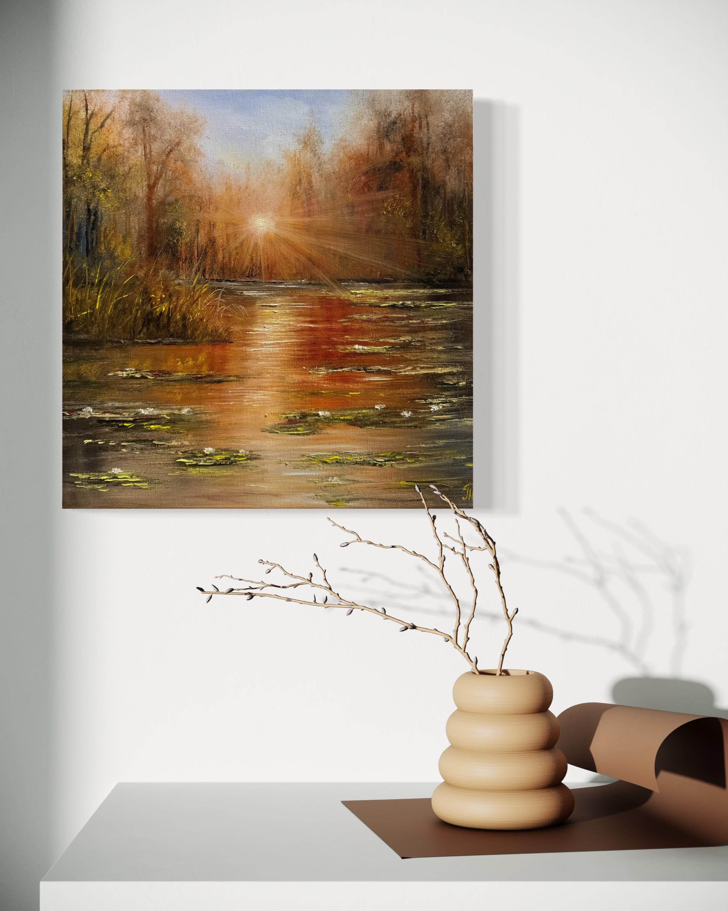 Sonnenuntergang (Braun), Landscape Painting, von Tanja Frost