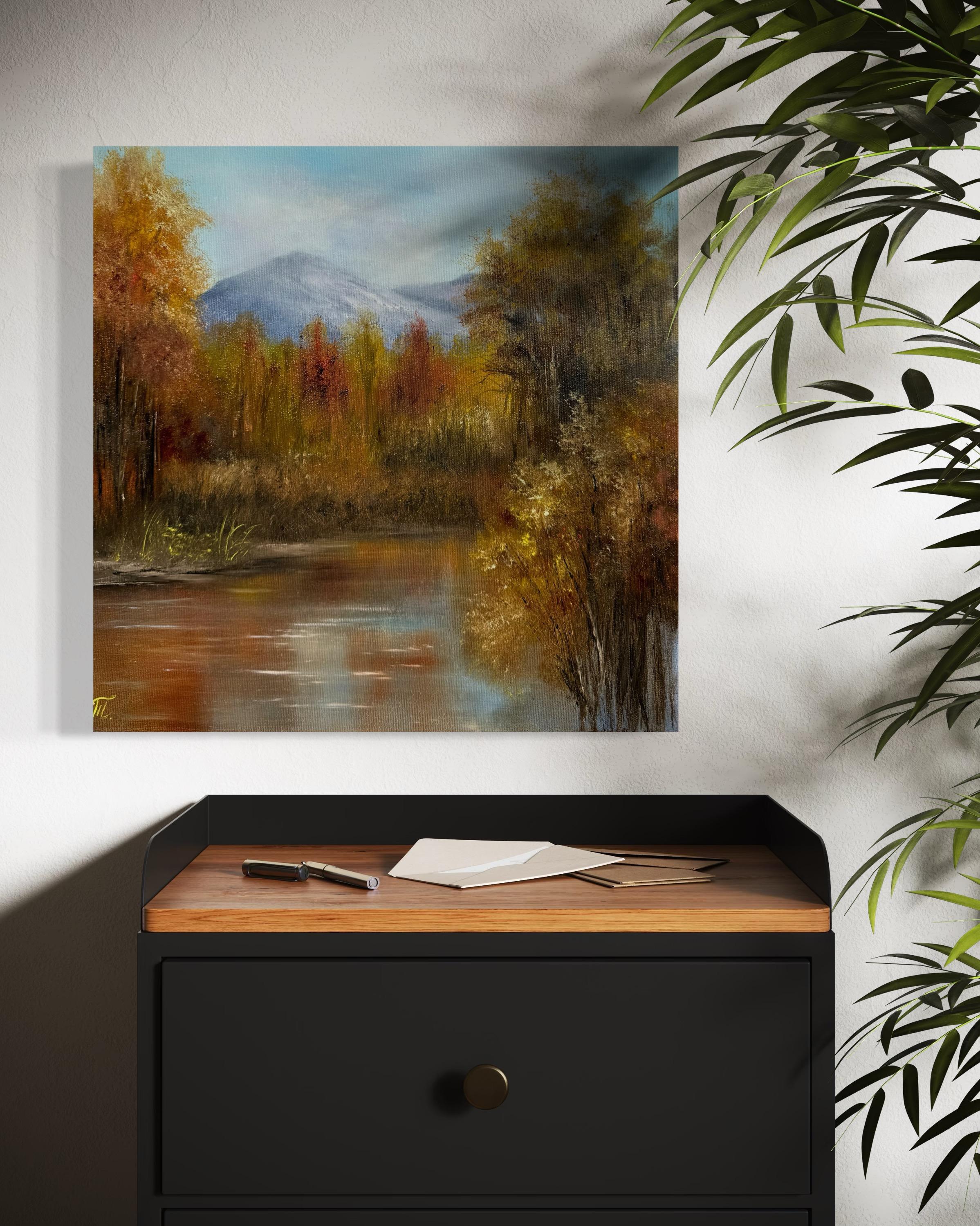 Wir müssen nicht immer alles klar sehen. Manchmal reicht es aus, den Duft des Herbstes, die Stille des Wassers und die Berge in der Ferne zu spüren. Dieses Gemälde vermittelt die Atmosphäre eines flüchtigen Moments, den wir für immer bewahren