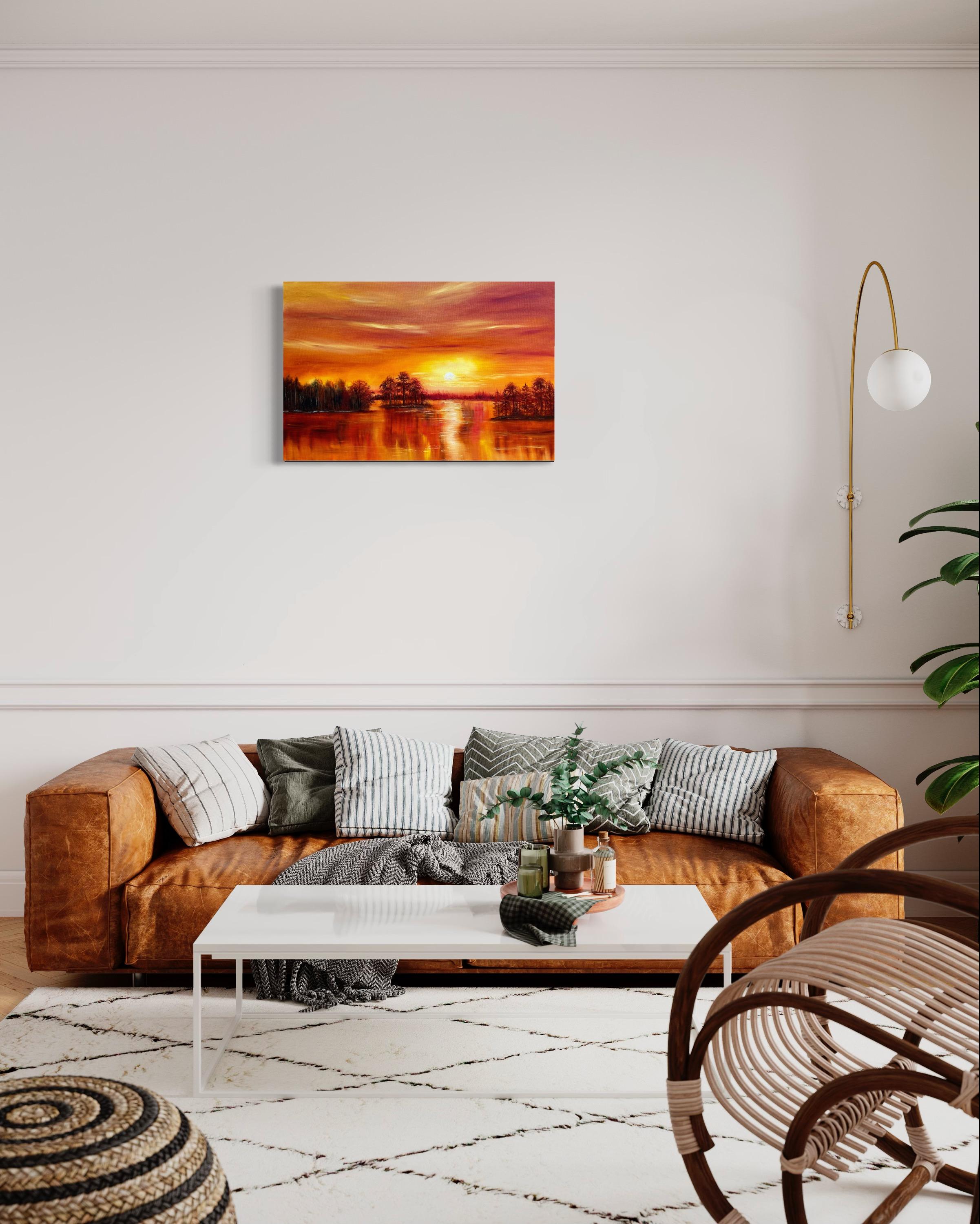 In this painting, I sought to capture the transient glow of a sunset as it cloaks the landscape in a warm, golden light. The broad, sweeping brushstrokes and the vibrant hues of orange and yellow are meant to evoke a feeling of warmth and serenity,
