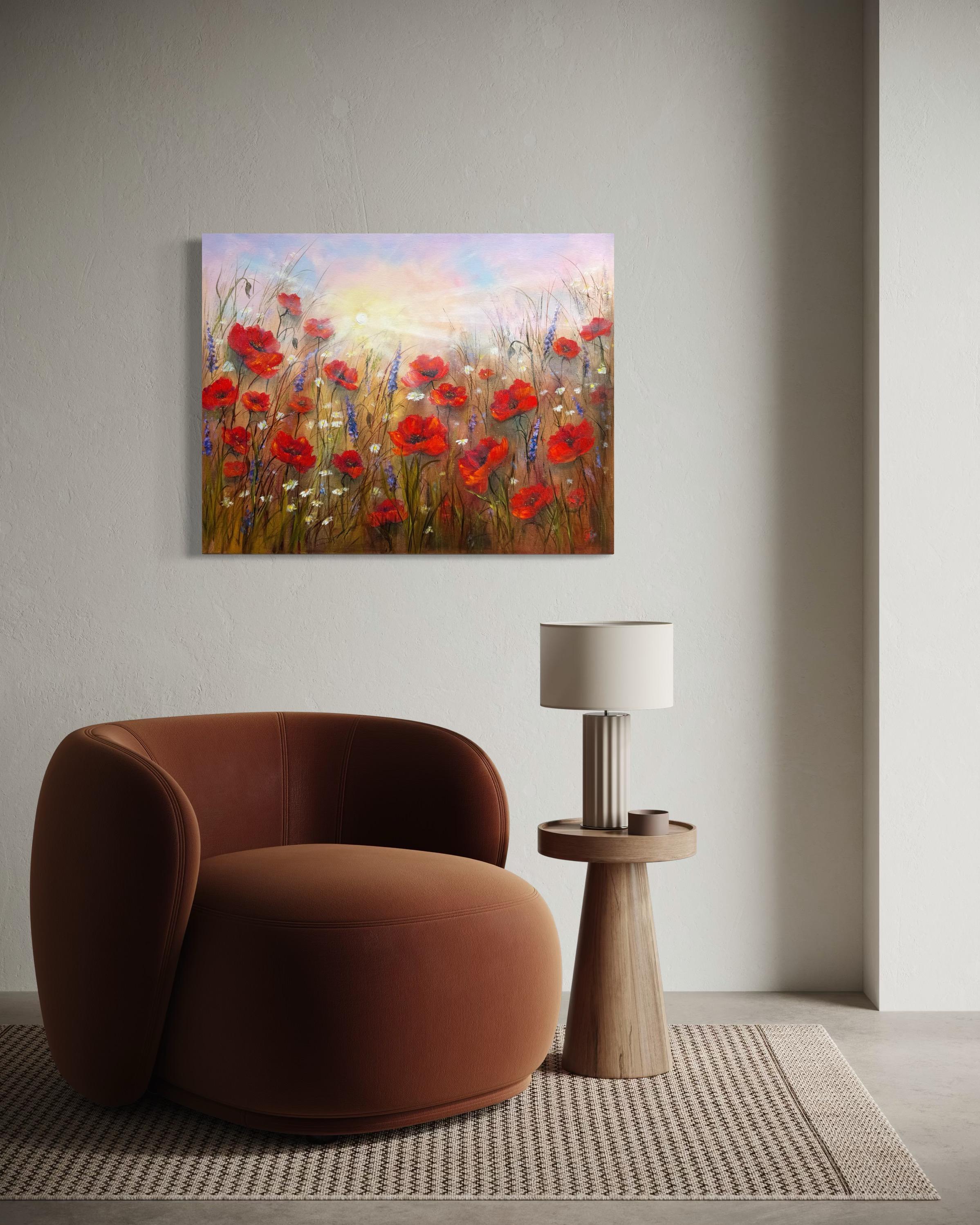 Die Sonne berührt die Blütenblätter, als ob sie sich an jede Farbe erinnert, die sie je geschaffen hat. Die Mohnblumen wiegen sich sanft, eilen nirgendwohin - sie existieren einfach, schön und frei. Es ist etwas Ehrliches dabei, etwas, das einen