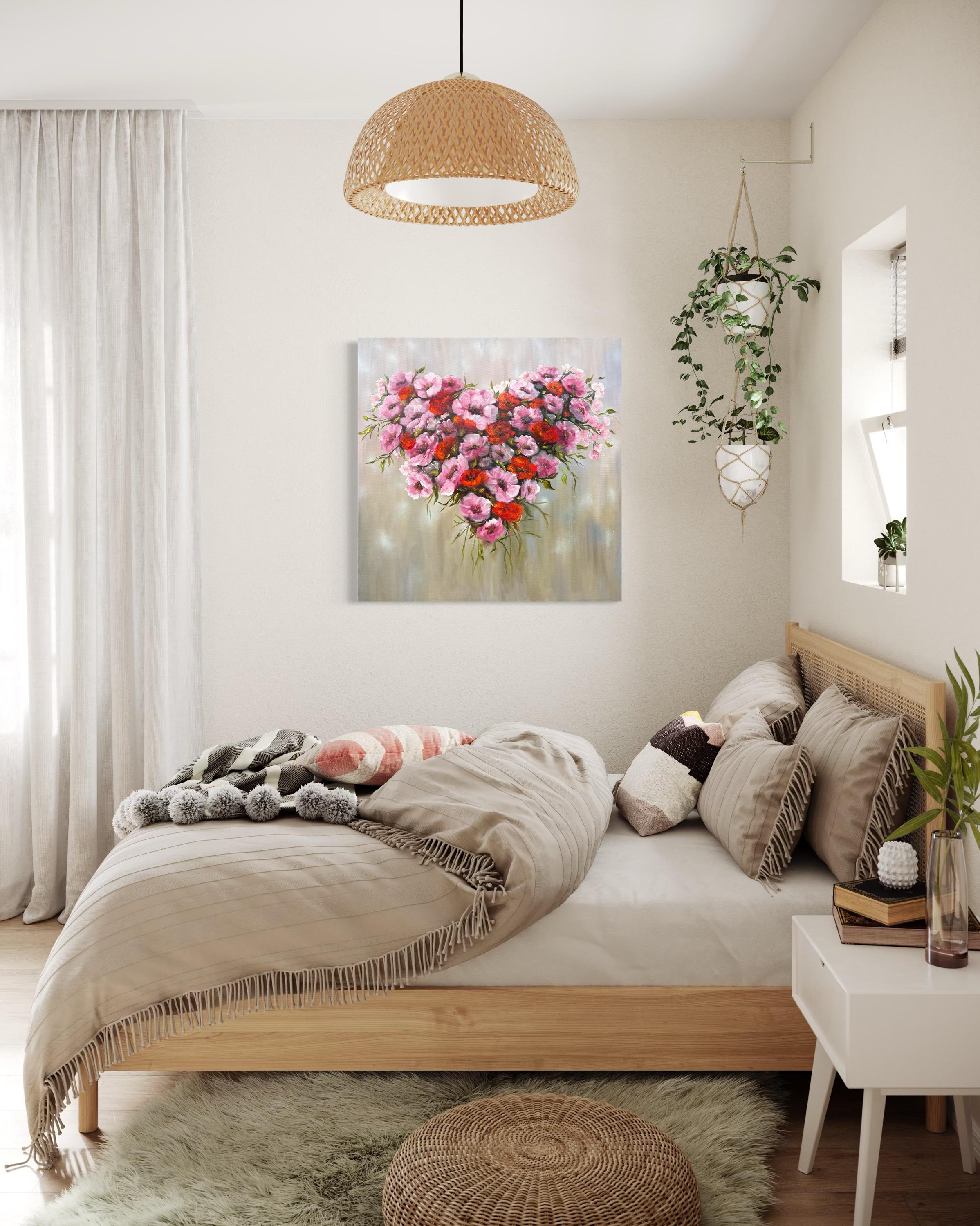 Al crear esta pieza, aproveché la delicadeza de la pintura al óleo para dar vida a un ramo de flores, con forma de corazón. La tierna mezcla de tonos -rosas suaves y rojos ardientes- captura una danza de pasión y dulzura, emblemática de la doble
