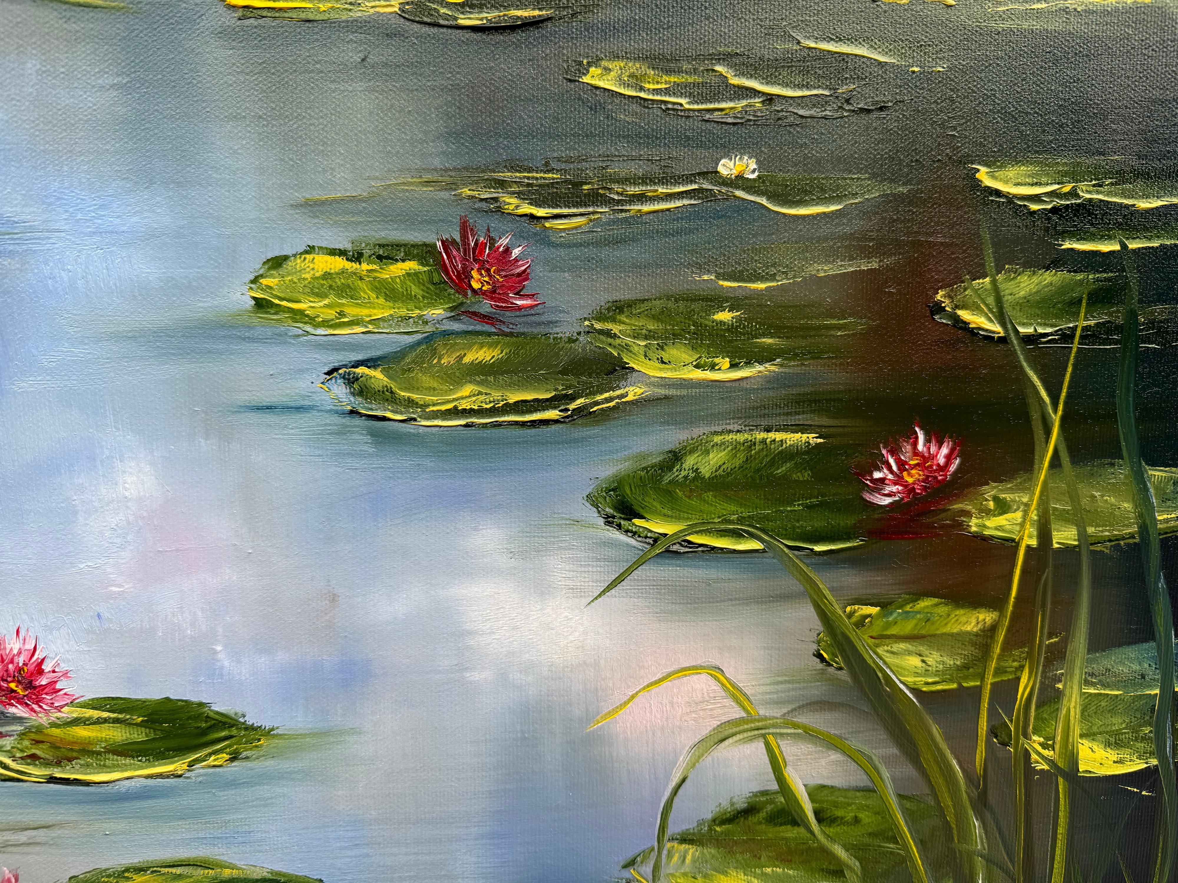 Water Lilies - Black Landscape Painting by Tanja Frost