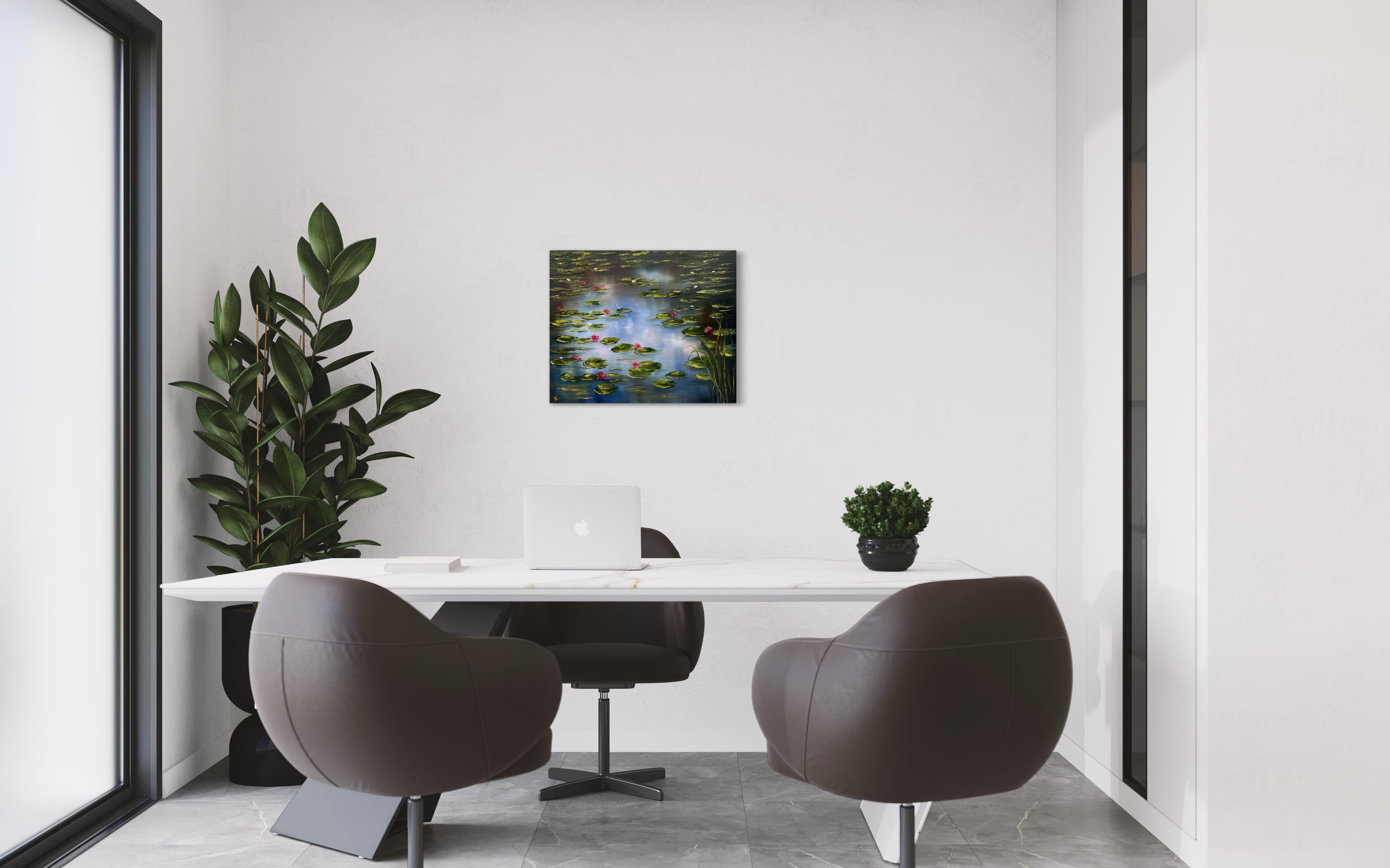 Imagine yourself on the shore of a lake surrounded by water lilies, where the mirrored surface reflects the bright blue sky of a summer day. This painting captures a unique atmosphere of tranquility and harmony, captivating the gaze and immersing