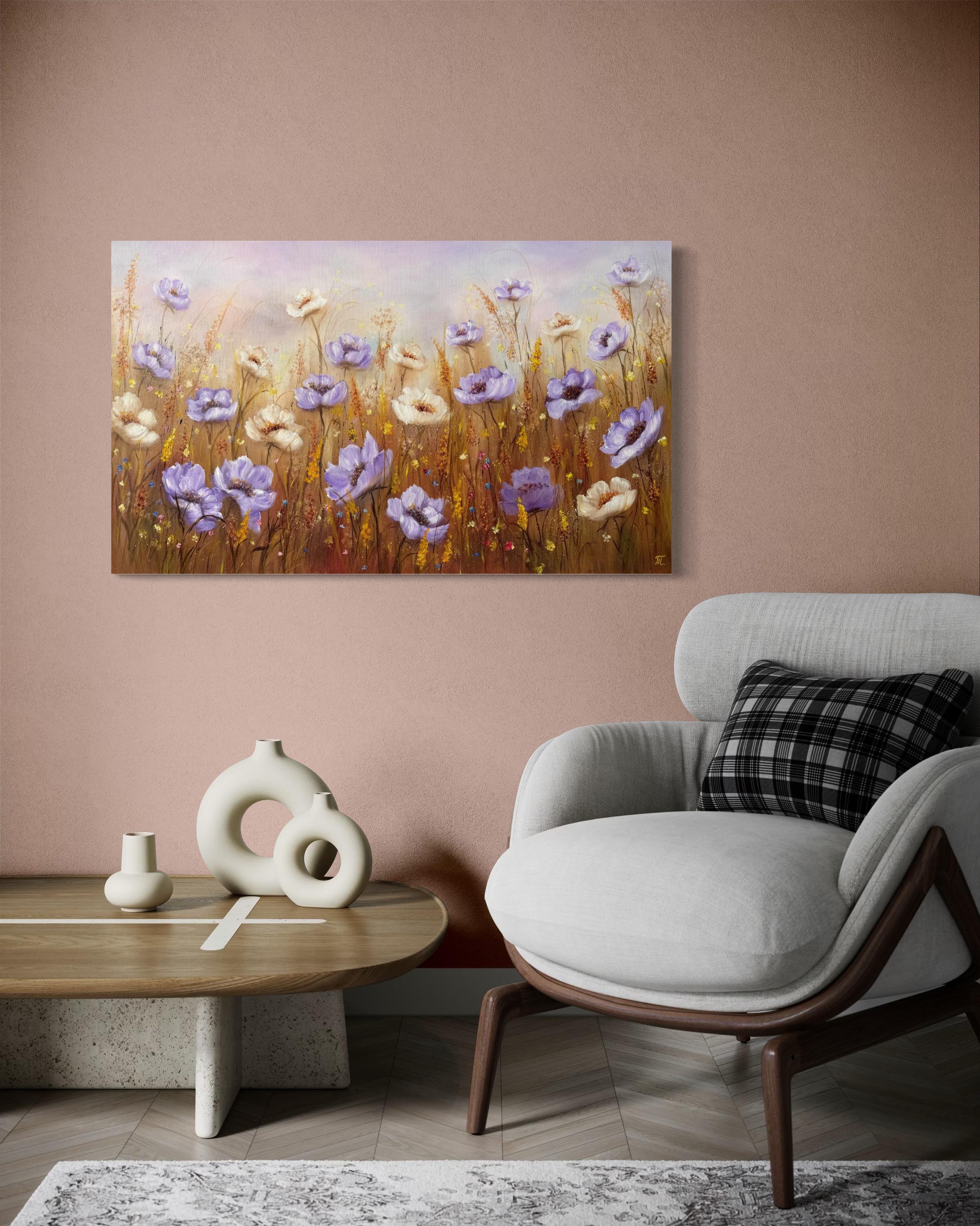 Dieses Bild wirkt wie ein Geständnis in Farbe - ein Moment, in dem die Liebe in der Luft liegt, sanft und ewig. Die Blüten erheben sich sanft aus dem goldenen Dunst, ihre zarten Blütenblätter fangen die Wärme einer stillen Umarmung ein. Jeder Strich