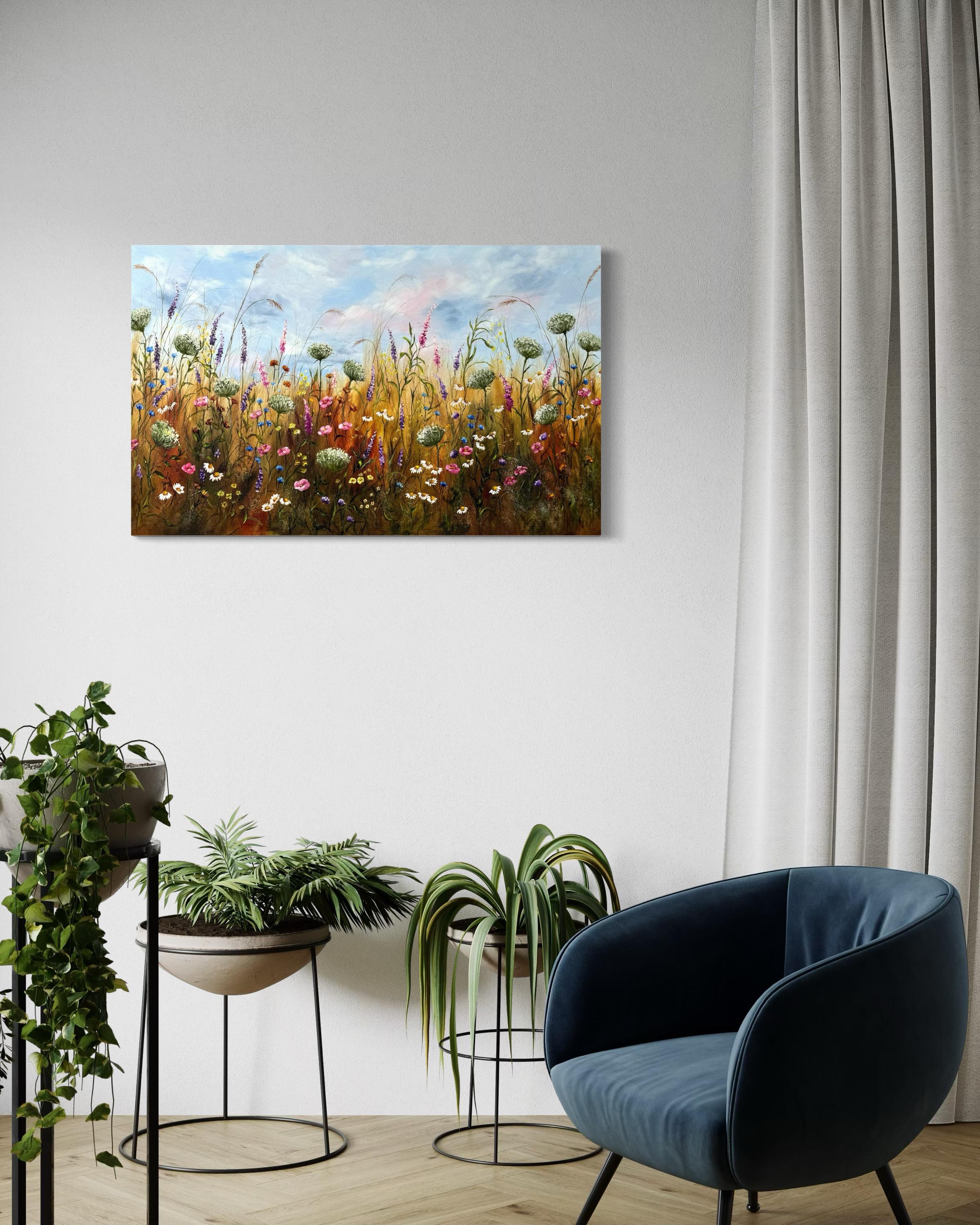 In diesem Gemälde fange ich den zarten Tanz der Wildblumen vor einem heiteren Himmel ein. Mit einer Mischung aus Impressionismus und Realismus erforsche ich in meinen Ölbildern die Ruhe und die subtile Lebendigkeit der Natur. Jeder Strich verkörpert